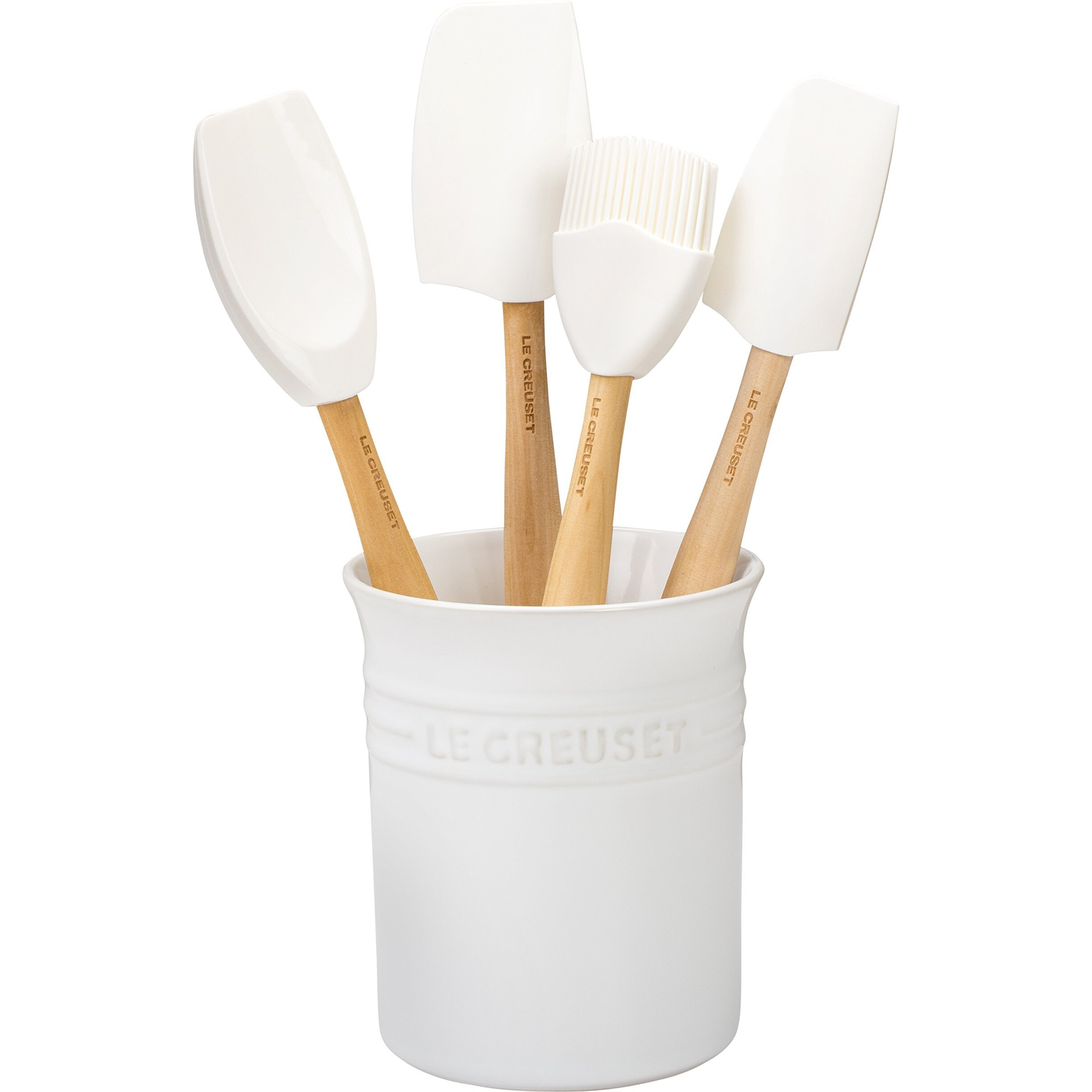 Le Creuset Silicone Craft Series Utensil Set With Stoneware Crock  5 Pc.  White