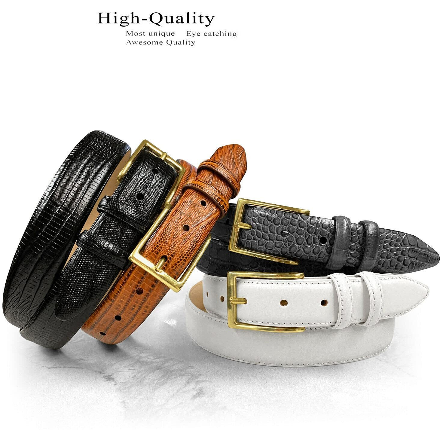 Adam Gold Men's Genuine Italian Calfskin Leather Dress Belt 1-1/8""(30Mm) Wide Polished Buckle (Lizard Tan  36)