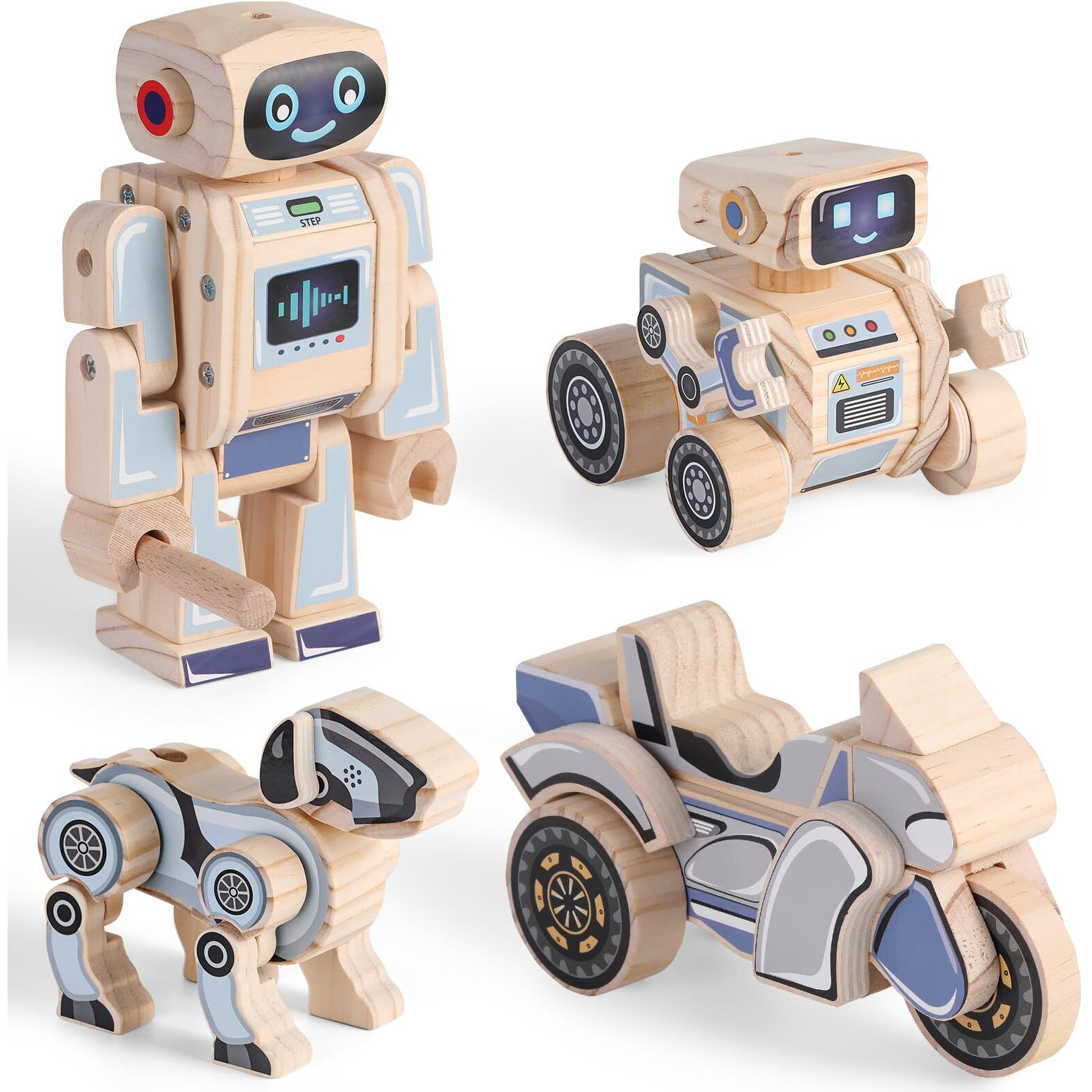 Sainsmart Jr. 4-In-1 Stem Kits  Wooden Robot Assembly Toy Set  Woodworking Crafts Projects For Kids  Gift For Boys And Girls