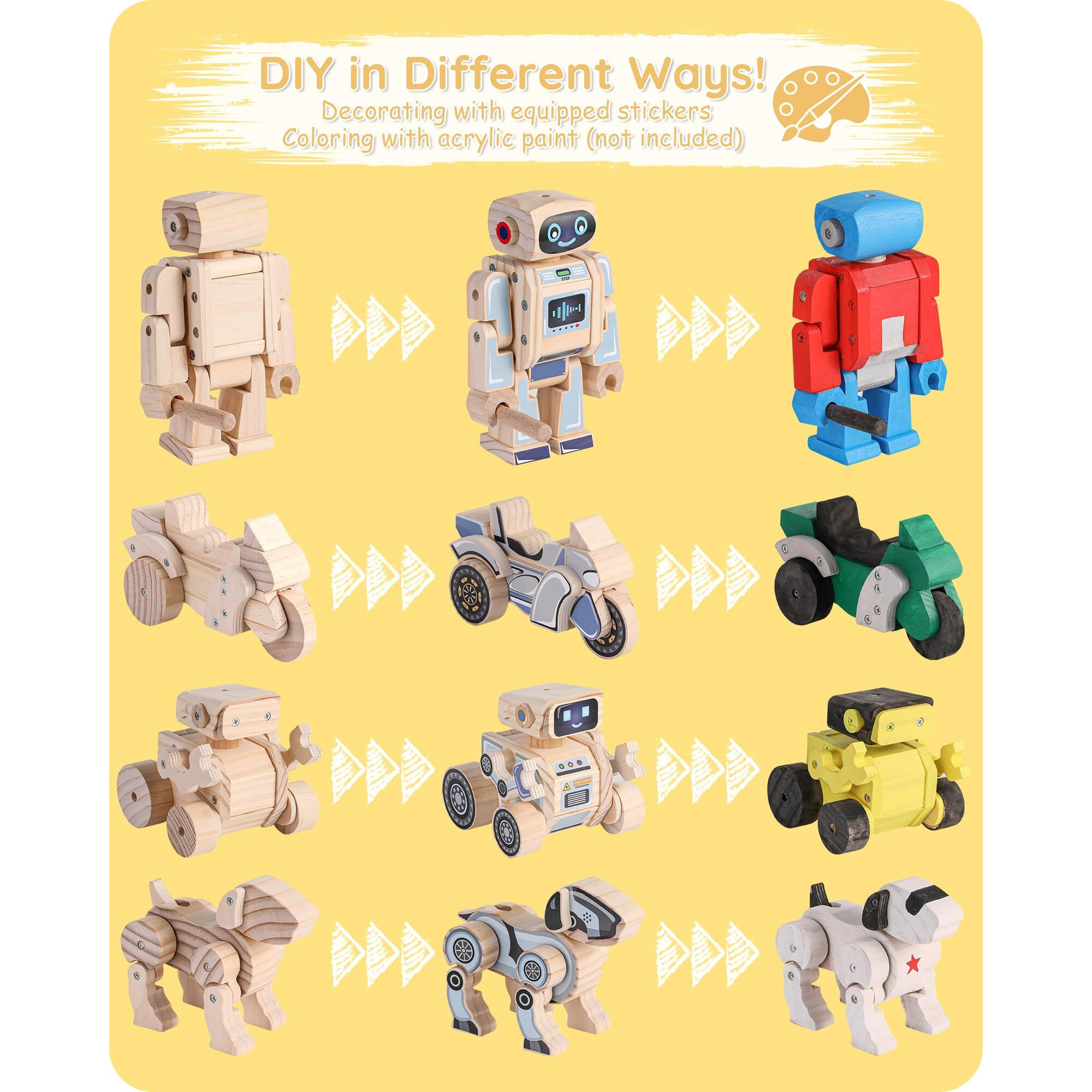Sainsmart Jr. 4-In-1 Stem Kits  Wooden Robot Assembly Toy Set  Woodworking Crafts Projects For Kids  Gift For Boys And Girls