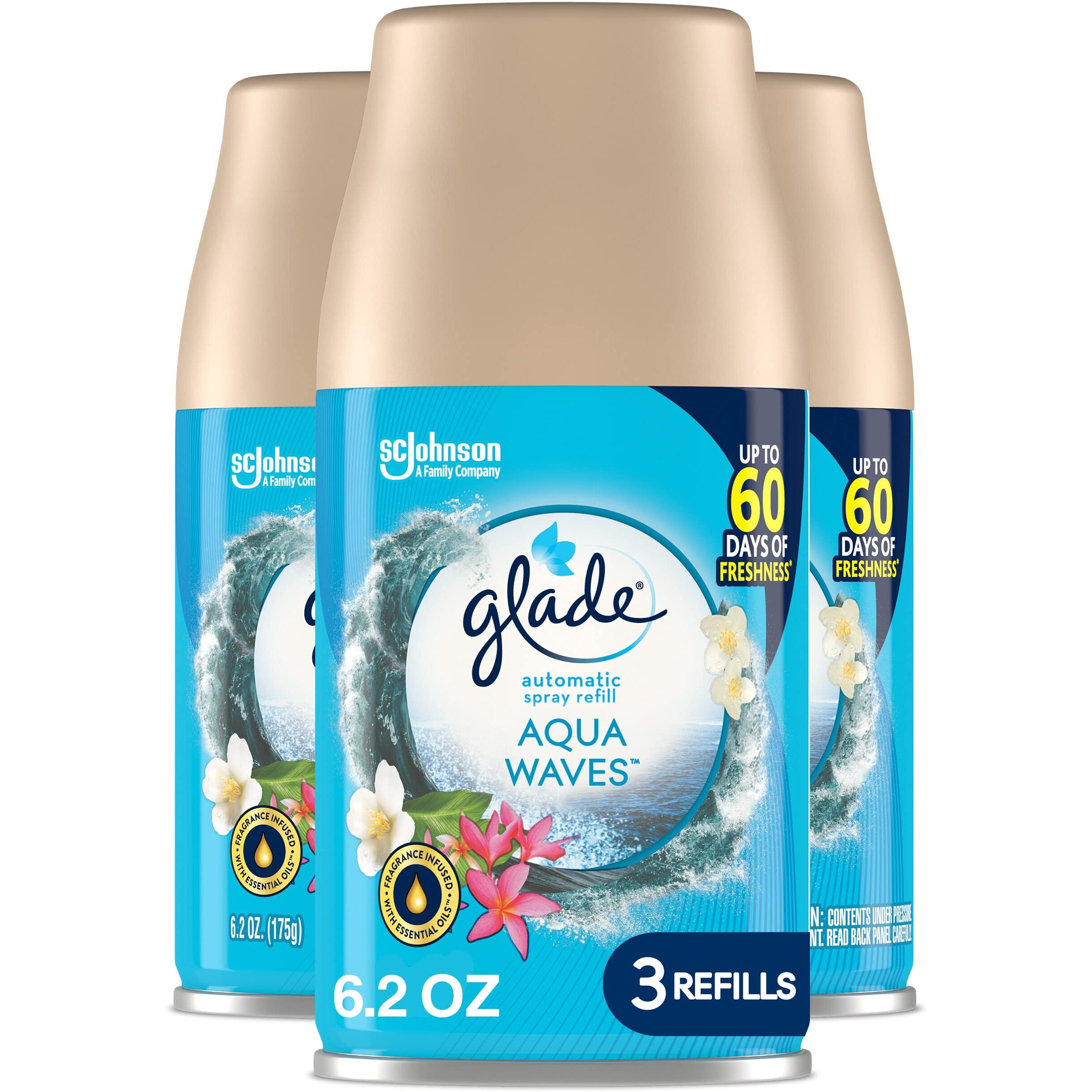 Glade Automatic Spray Refill  Air Freshener For Home And Bathroom  Aqua Waves  6.2 Oz  3 Count