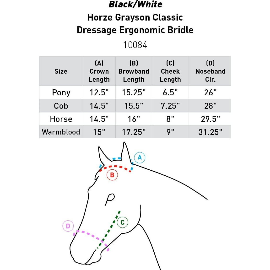 Horze Grayson Classic Leather Ergonomic Snaffle Dressage Bridle With Detachable Flash - Black/White - Cob