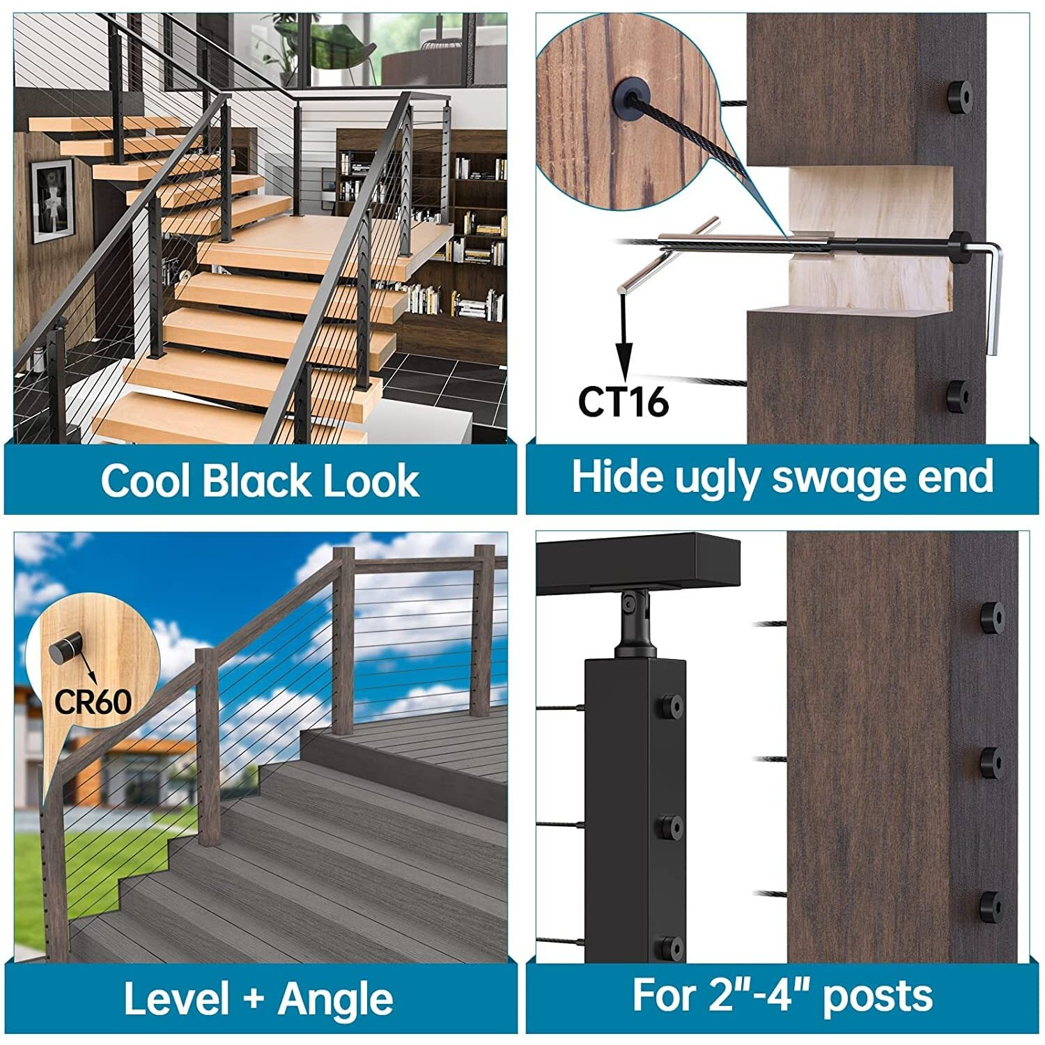 Muzata 20Pack Black Invisible Cable Railing Kit 1/8"" Swage Tensioner Hardware Hidden T316 Stainless Steel For 2"&quotX2"&quot4"&quotX4"" Wood Metal Post Deck Stairs Blackcool System Cr36  Cv1 Cv2