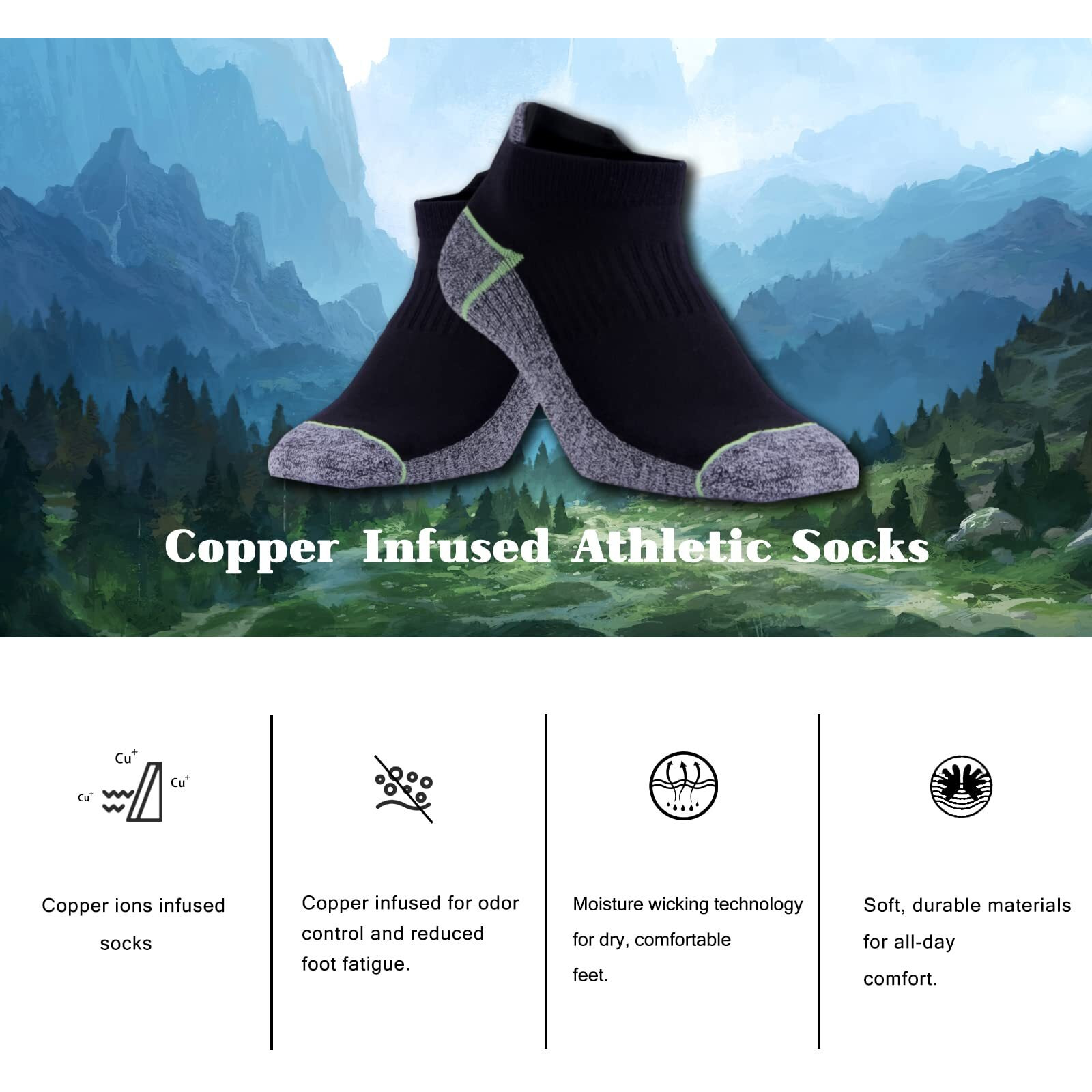 Kodal Copper Ankle Socks  Athletic Low Cut Running Socks For Men Women  Moisture Wicking  Odor Control  Breathable For Sweaty Feet (5 Pairs)