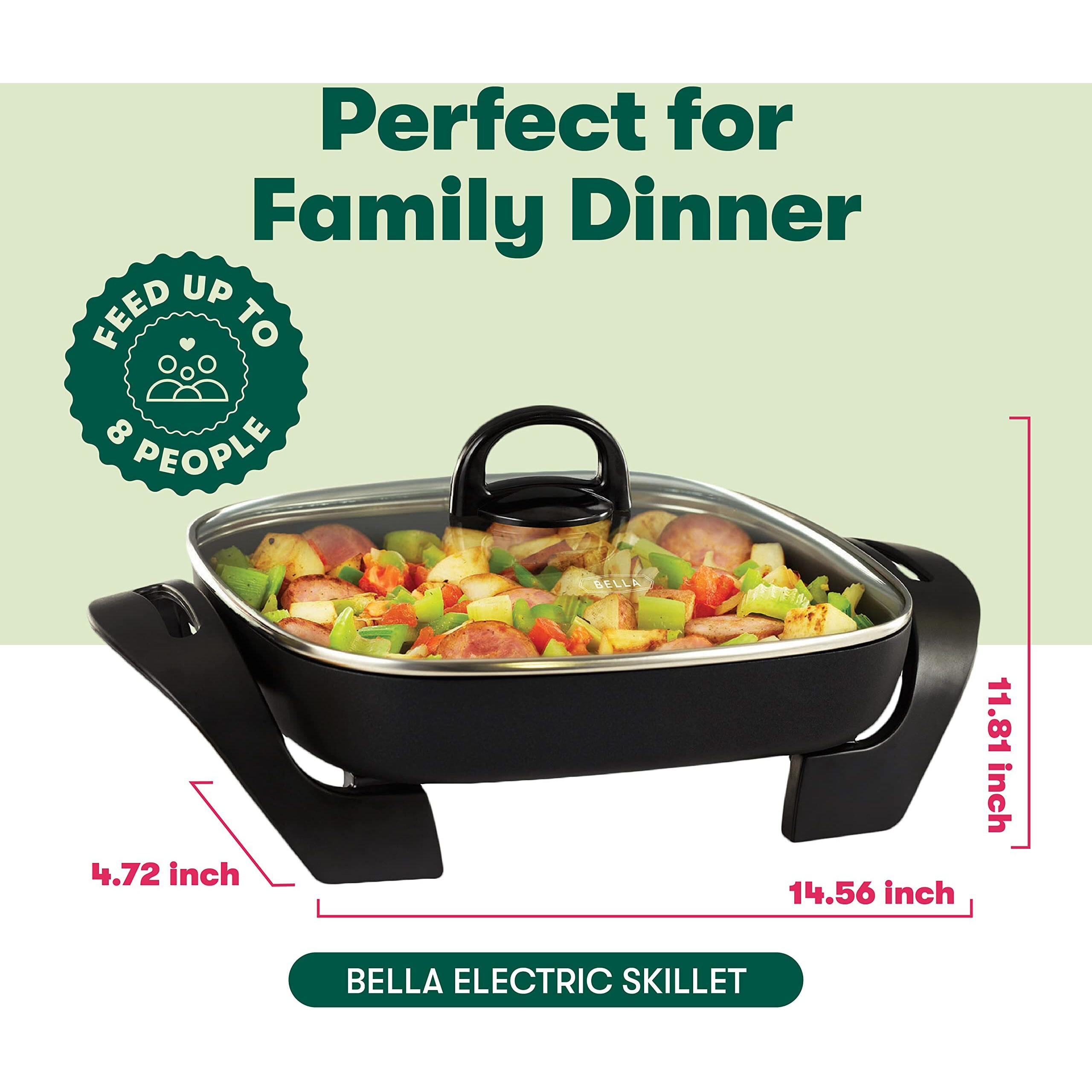 Bella Electric Skillet And Frying Pan With Glass Lid  Nonstick Coating  Cool Touch Handles  Removable Heating Probe  Dishwasher Safe  12 X 12 Inch  Black