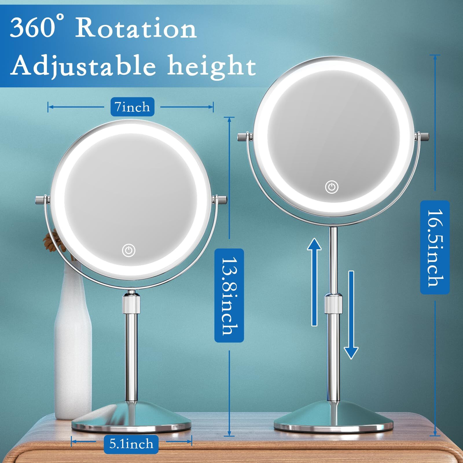 Niuphia Vanity Mirror With Lights 7"" Rechargeable 1X/10X Lighted Makeup Mirror Adjustable Height Double Sided Mirror With Lights 360Rotating Makeup Mirror