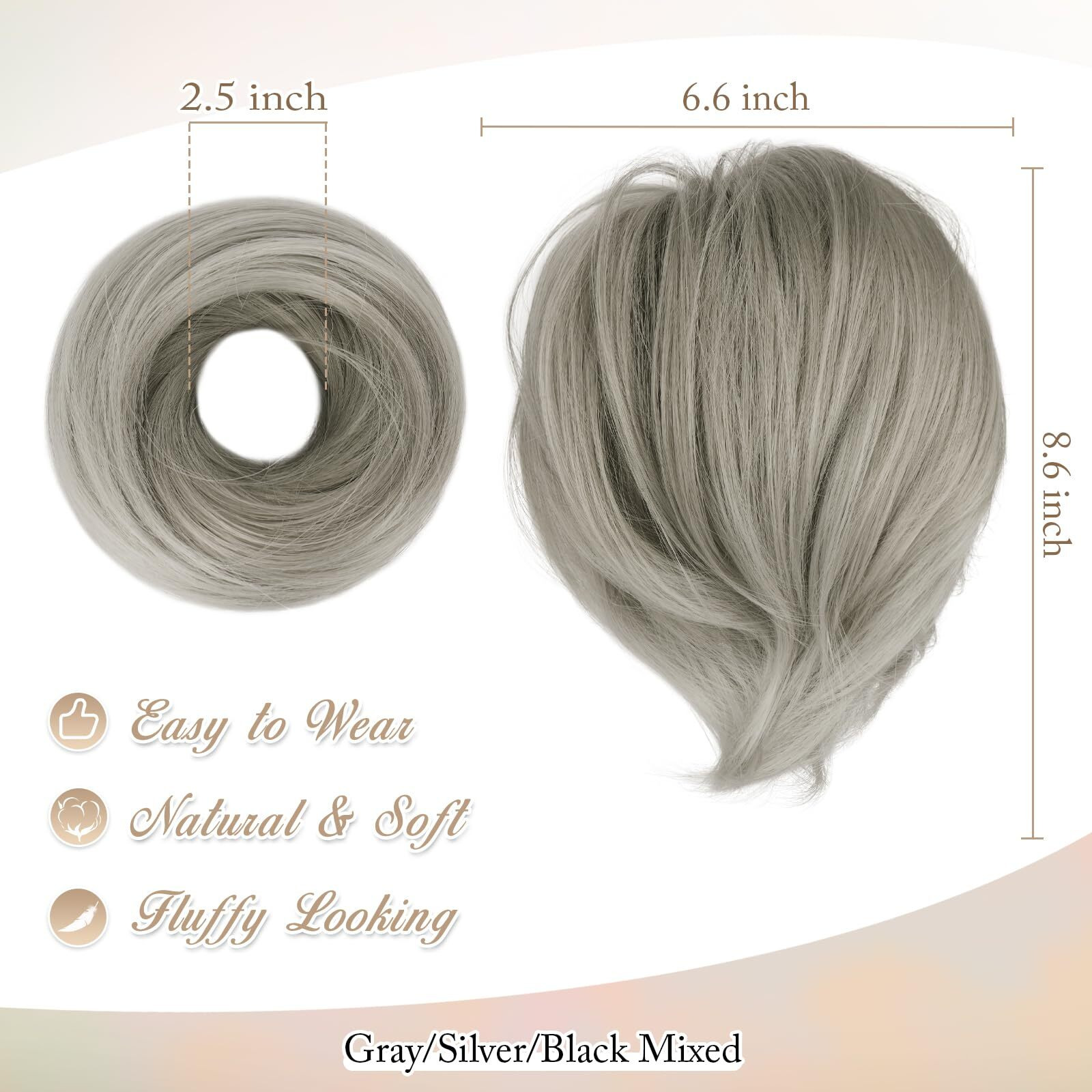 Barsdar Gray Hair Bun Extensions - Synthetic Fully Short Straight Ponytail Hair Bun Extensions For Women  Elastic Gray Hair Bun Scrunchies Hairpieces Girls Daily- Gray Mixed