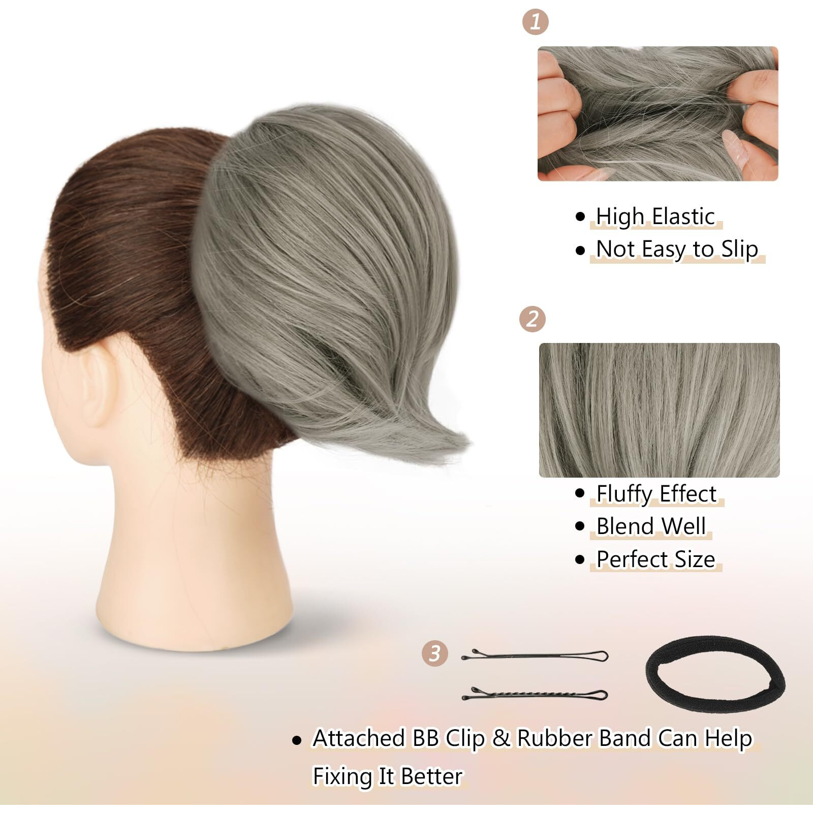 Barsdar Gray Hair Bun Extensions - Synthetic Fully Short Straight Ponytail Hair Bun Extensions For Women  Elastic Gray Hair Bun Scrunchies Hairpieces Girls Daily- Gray Mixed