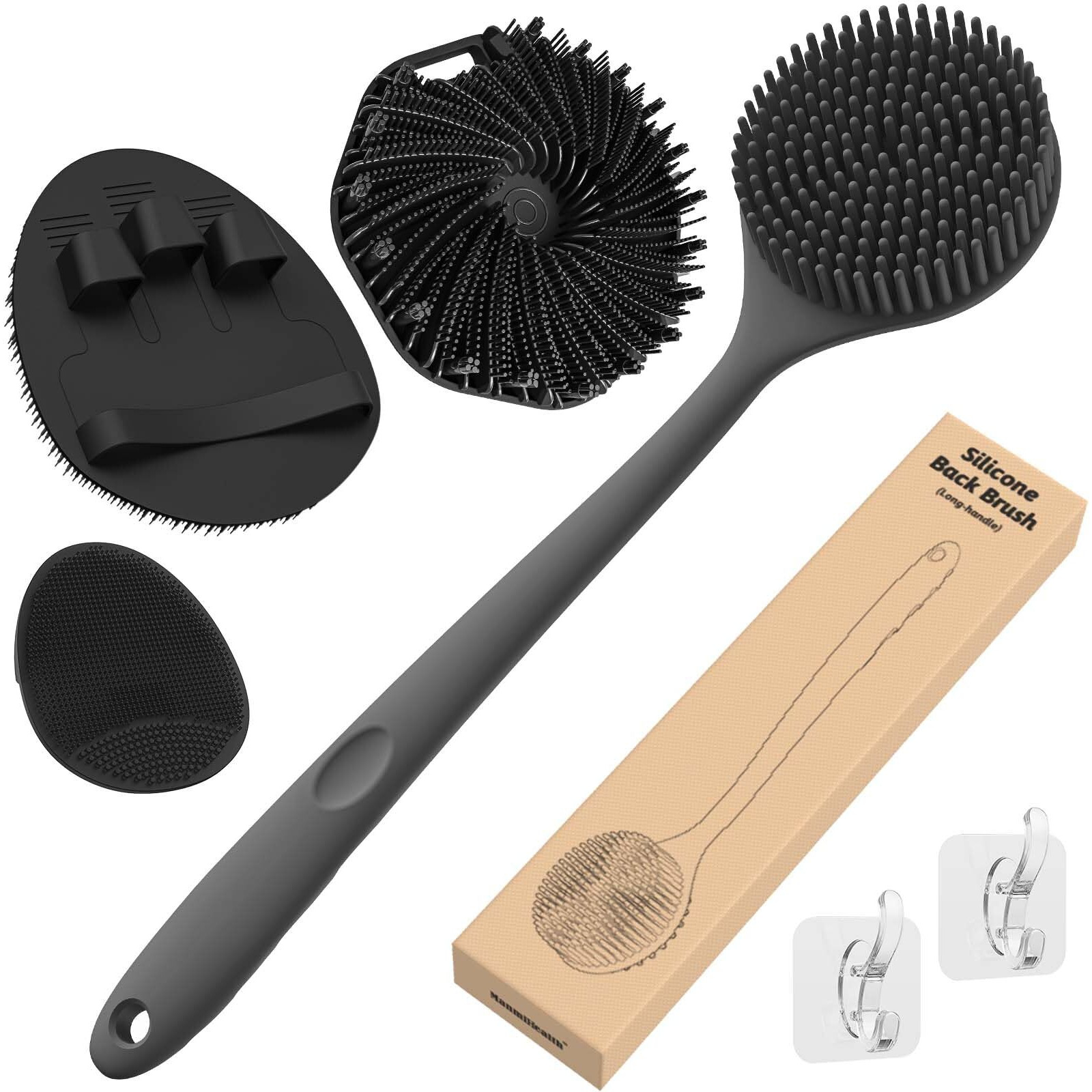 Manmihealth Silicone Back Scrubber & Soft Bath Glove Set 4 Pcs(Thick Bristles)  Super-Exfoliating Body Scrubber & Super-Lathering Shower Brush Combination  With 2 Free Hooks (Black)