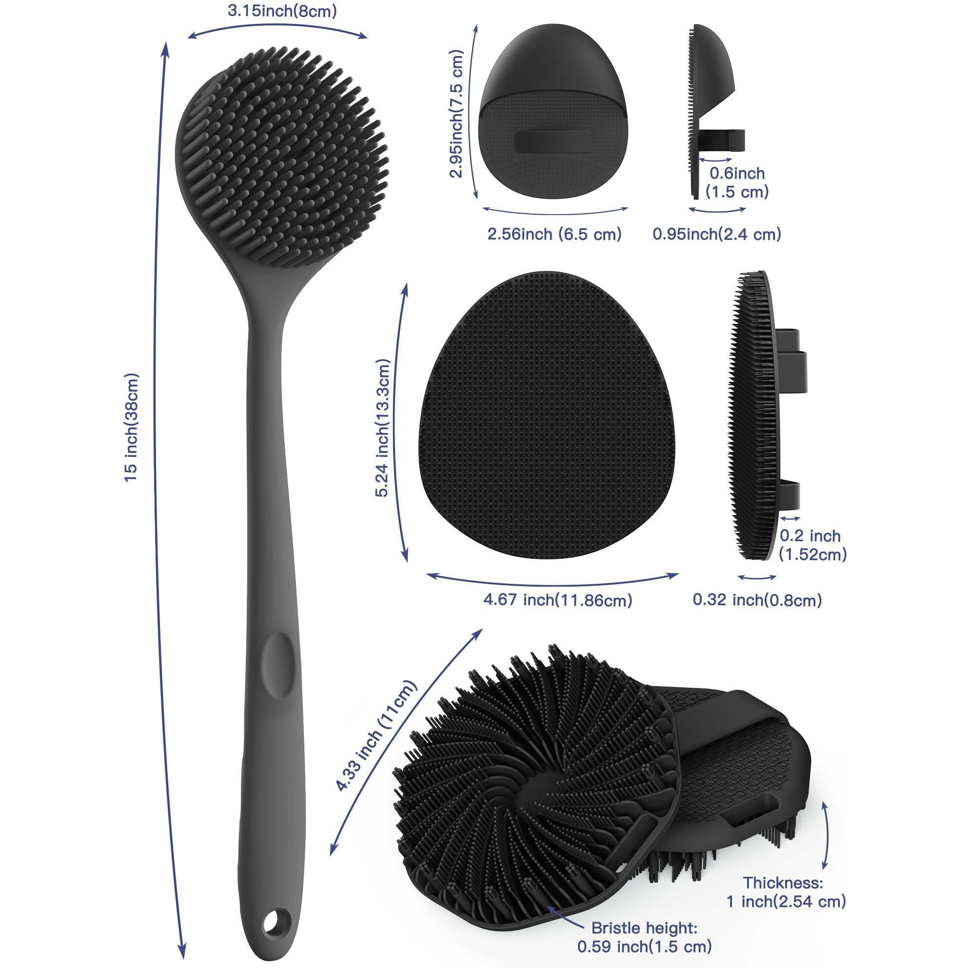 Manmihealth Silicone Back Scrubber & Soft Bath Glove Set 4 Pcs(Thick Bristles)  Super-Exfoliating Body Scrubber & Super-Lathering Shower Brush Combination  With 2 Free Hooks (Black)