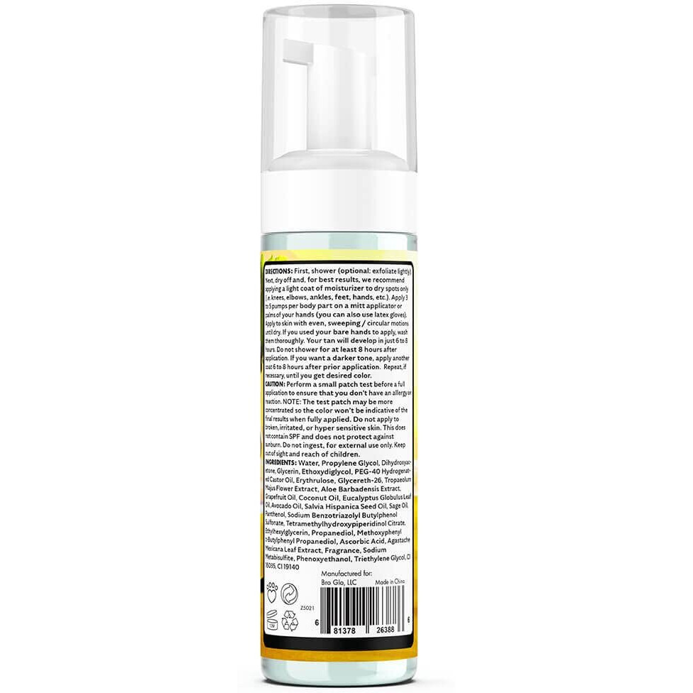 Bro Glo Self Tanner For The Boys - Quick Application Foam Mousse Easy Sunless Tan For Face And Body Oil Free Water Based Faster Skin Drying Natural Sun Kissed Bronze Color Perfect Men Beach Pool Not Required 6.76 Fl Oz