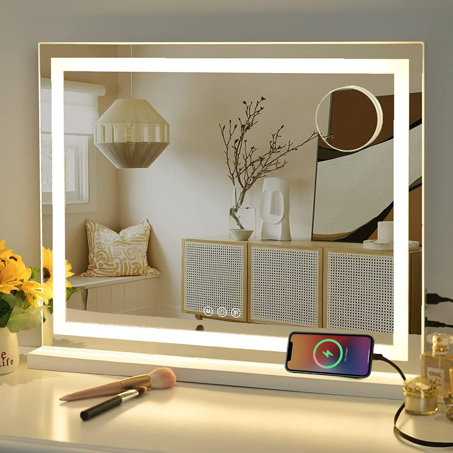Sucedey Vanity Mirror With Lights  23"" X 18"" Makeup Mirror  Hollywood Mirror With 3 Color Modes & Adjustable Brightness  Detachable 10X Magnification And Usb Charging Design (White)