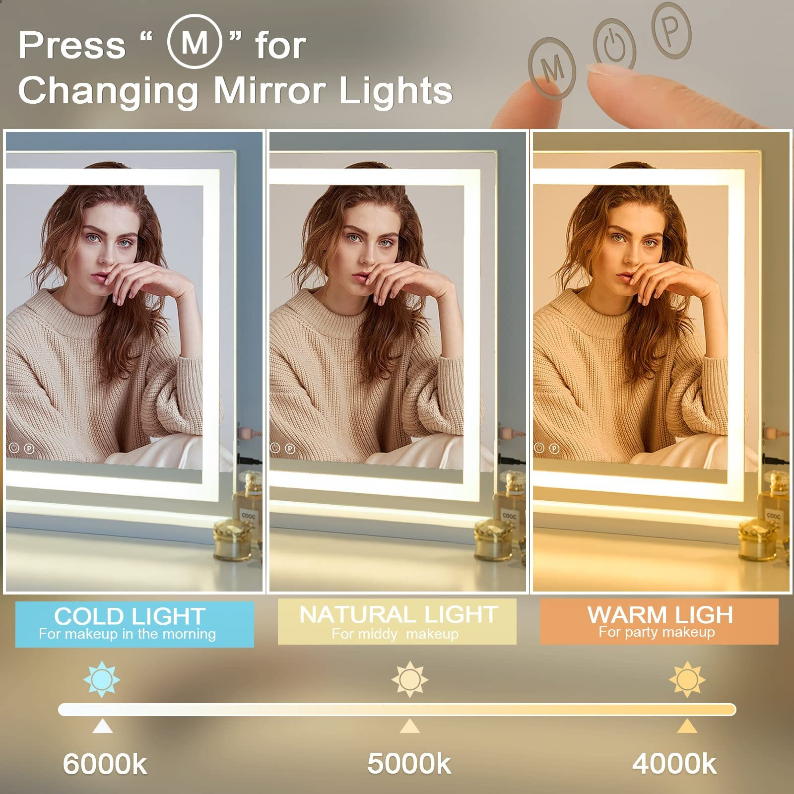Sucedey Vanity Mirror With Lights  23"" X 18"" Makeup Mirror  Hollywood Mirror With 3 Color Modes & Adjustable Brightness  Detachable 10X Magnification And Usb Charging Design (White)