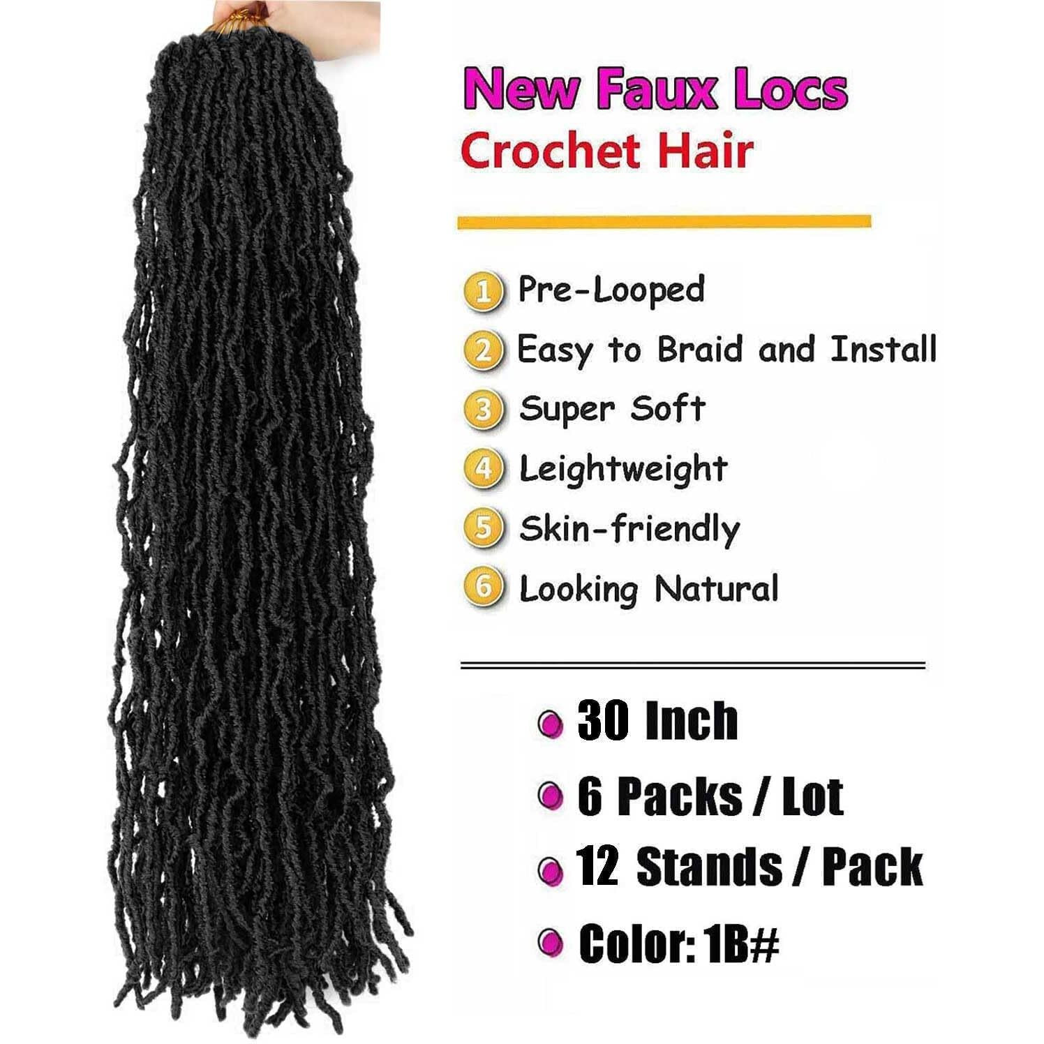 30 Inch Soft Locs Crochet Hair Pre Looped Faux Locs Crochet Braids Curly Wavy Goddess Locs Dreadlocs Synthetic Hair For Black Women(30 Inch (Pack Of 6)  1B)