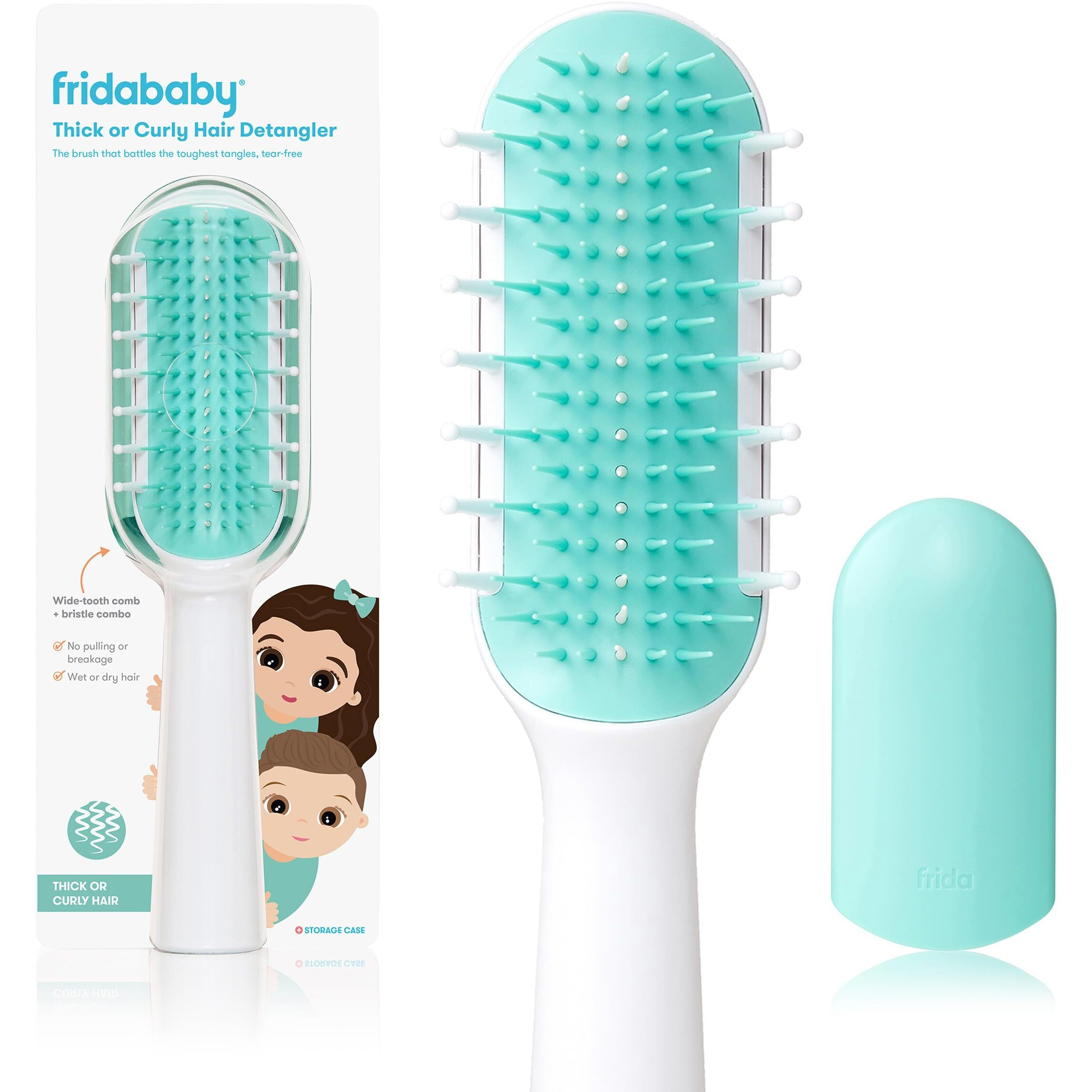Frida Baby Thick Or Curly Hair Detangler Brush For Kids  Toddler Hairbrush Detangles Knots Without Tears Or Breakage  Comb Teeth And Bristle Design  White/Blue  1 Count