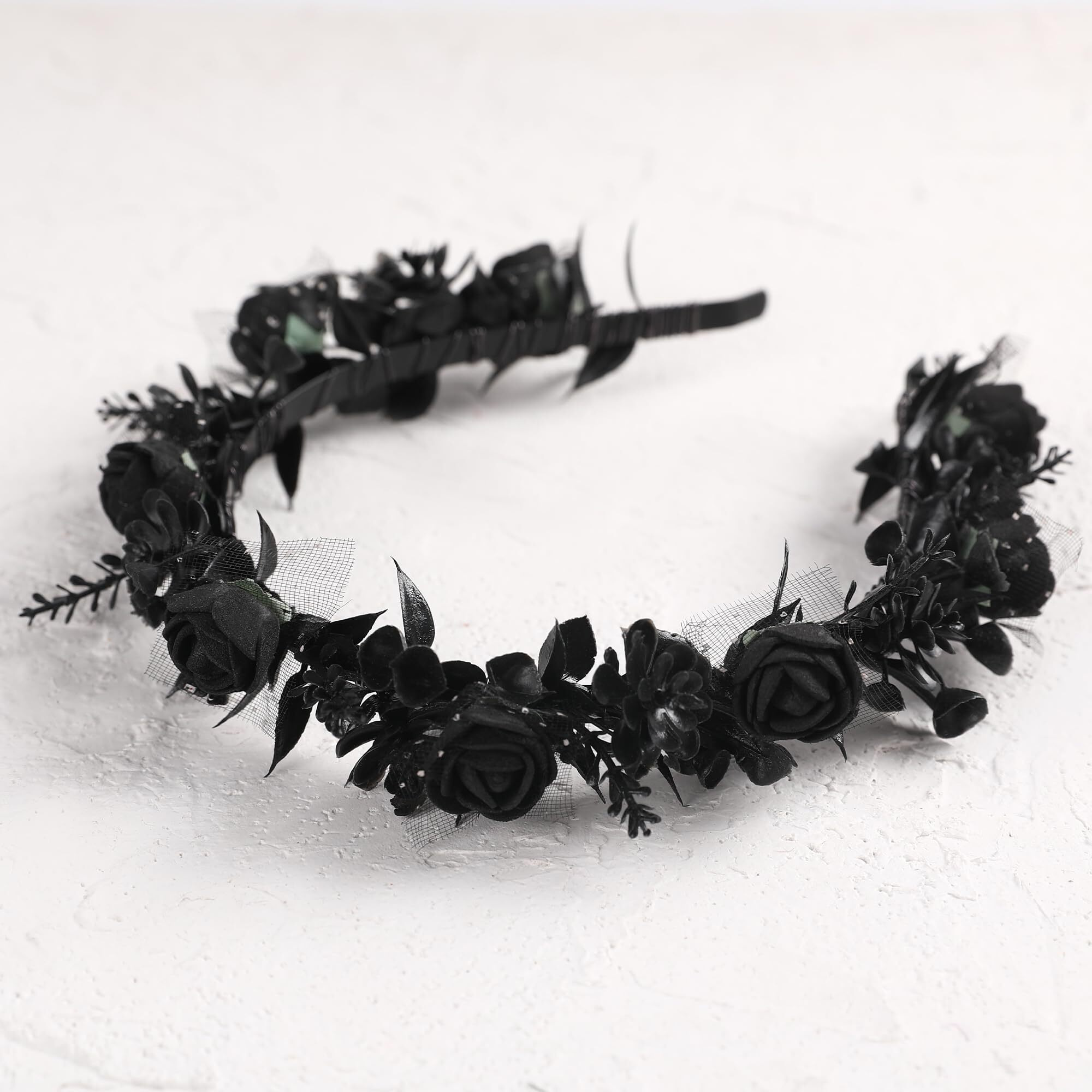 Korvishow Girl Black Floral Headpiece - Womens Black Headband Girl Floral Crown Elegant Lace Foam Flores Rose Floral With Flowers For Hair Accessories Wedding Party Birthday Gift Photo Props