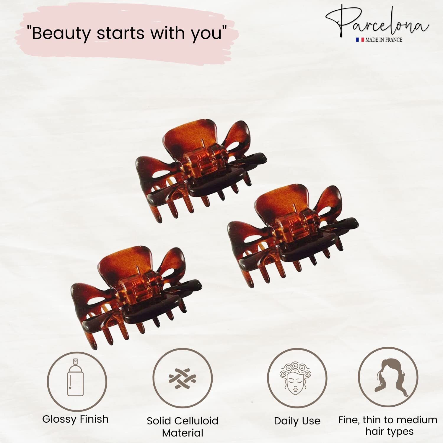Parcelona French Classic Very Small 1 1/2"" Claw Clips With Tight Spring Set Of 3 Girls Hair Jaw Claw Clips Durable Styling Women Hair Accessories  Made In France (Tortoise Shell Brown)