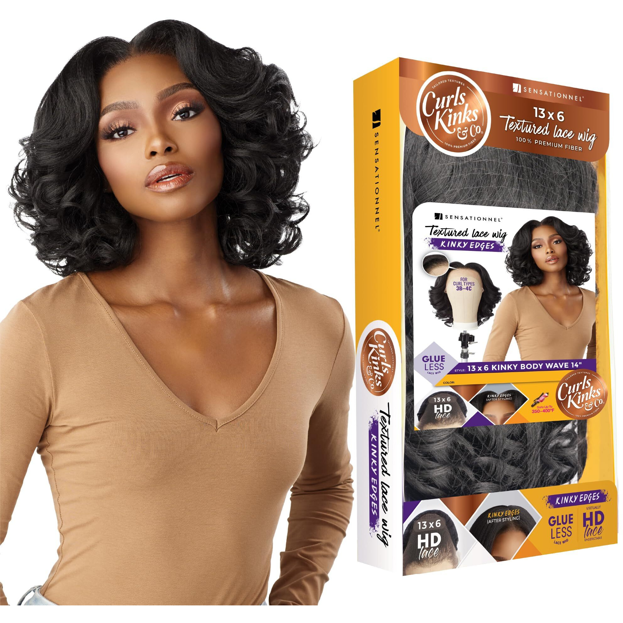 Sensationnel Kinky Edge 13X6 Lace Wigs - Kinky Edge Body Wave 14-Inch Glueless Synthetic Wig - Ckco Kinky Edge Body Wave 14 Inch (Hl280/44)