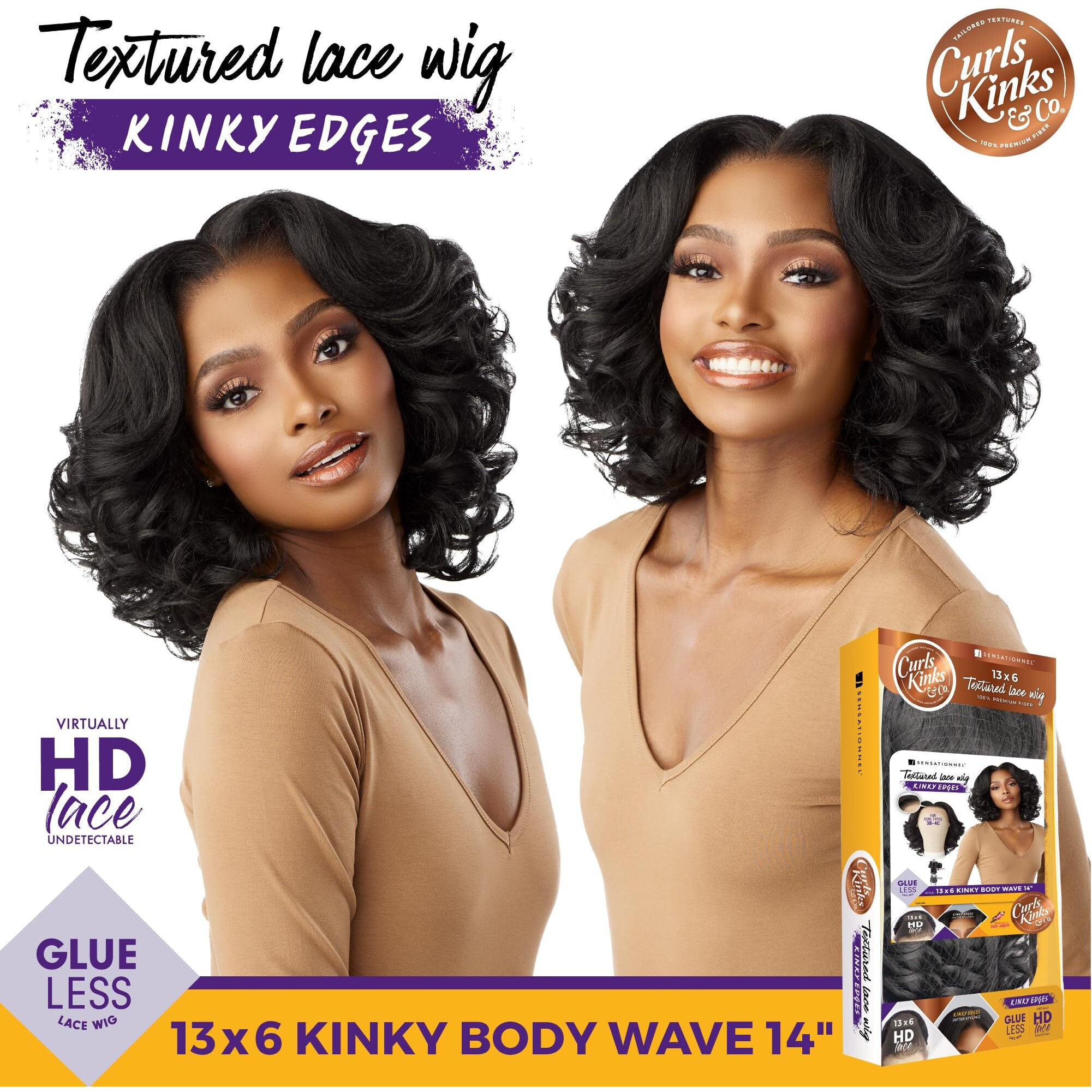 Sensationnel Kinky Edge 13X6 Lace Wigs - Kinky Edge Body Wave 14-Inch Glueless Synthetic Wig - Ckco Kinky Edge Body Wave 14 Inch (Hl280/44)