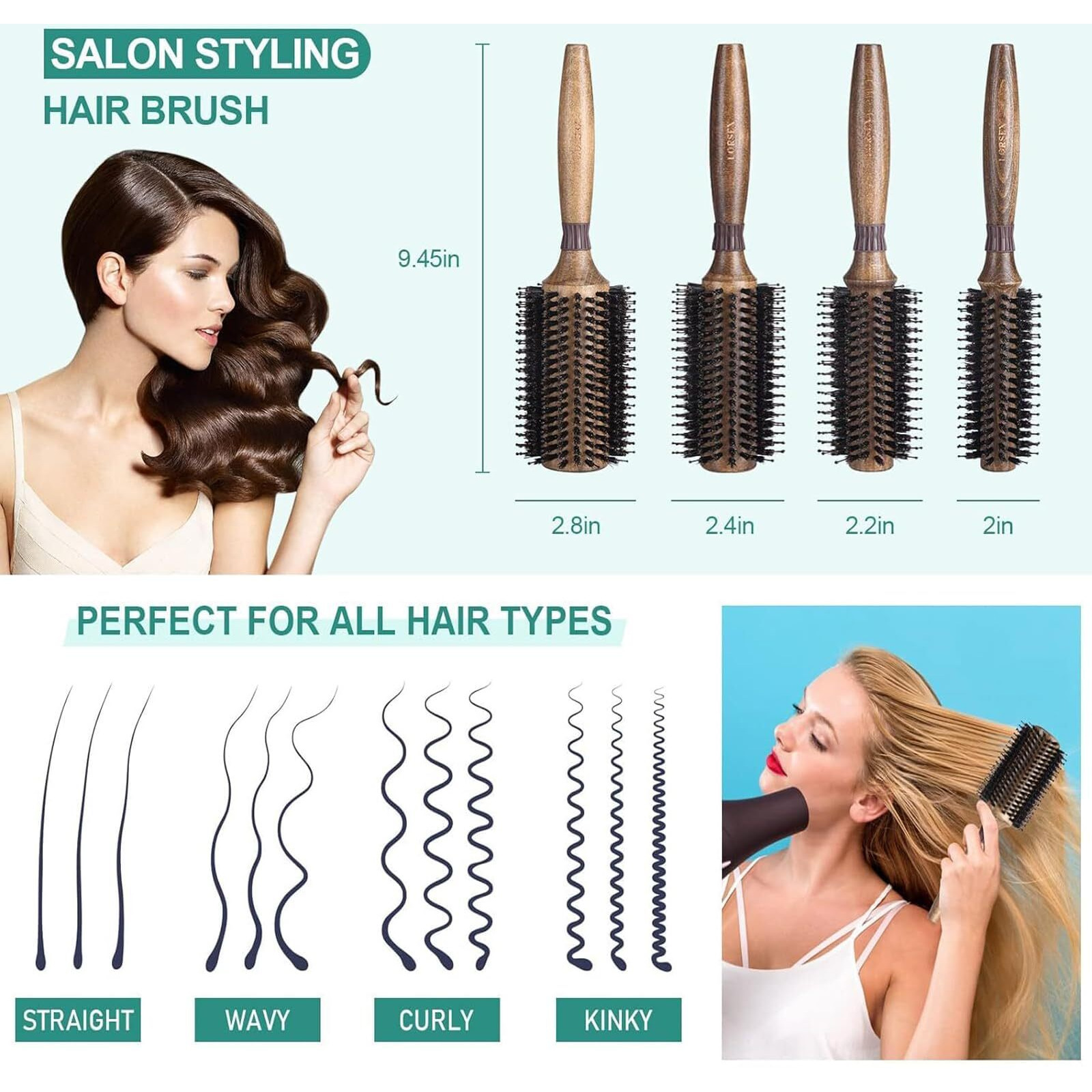 Round Brush For Blow Drying  Lorsex Boar Bristle Hair Brush For Women Men  Round Hairbrush For Add Shine/Volume  Minimize Damage (2.4Inch)