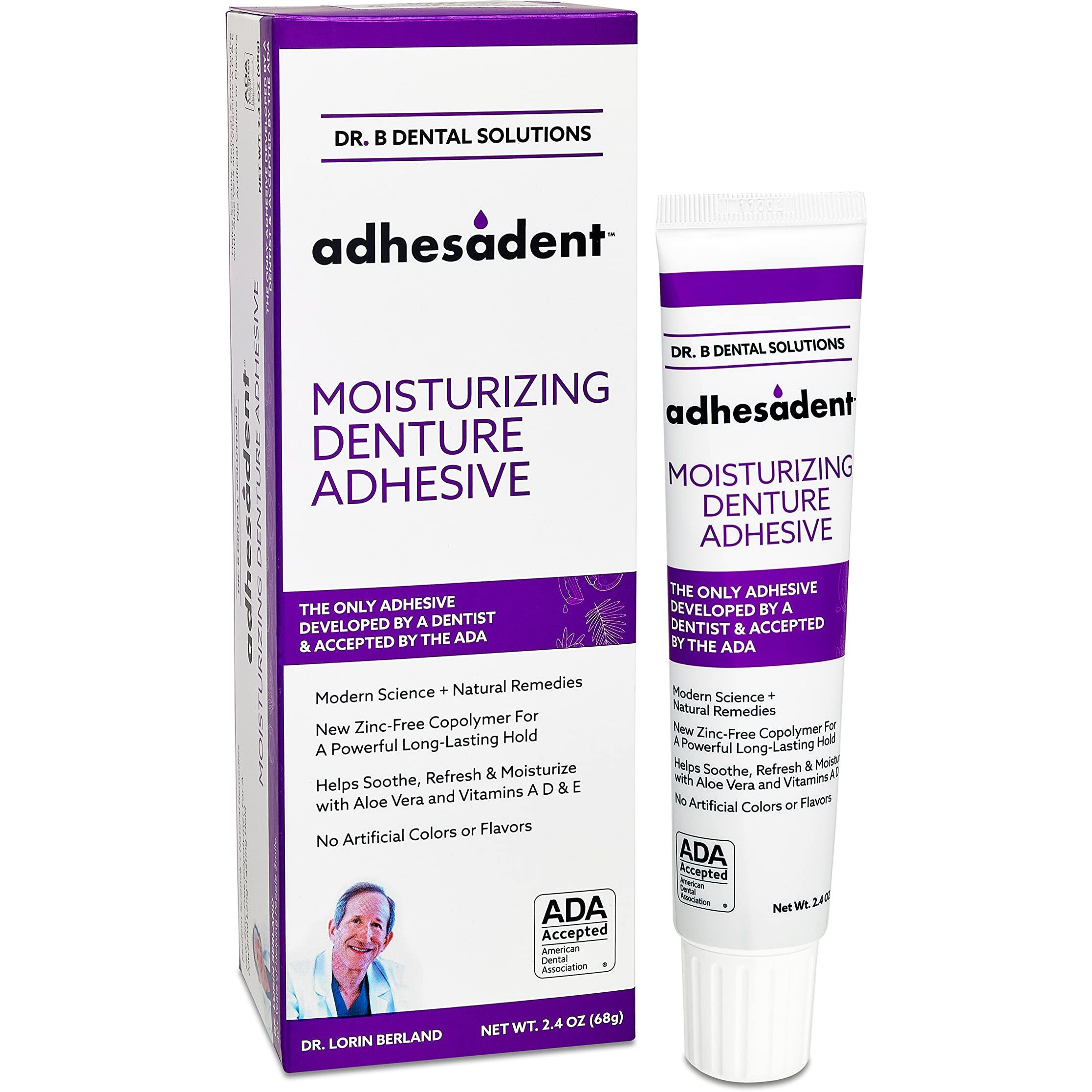 Dr. B Dental Solutions Adhesadent Moisturizing Denture Adhesive - Secure Denture Glue With Strong Grip & Natural Taste - Zinc-Free Dental Adhesive For Dentures  Overdentures - 2.4 Oz