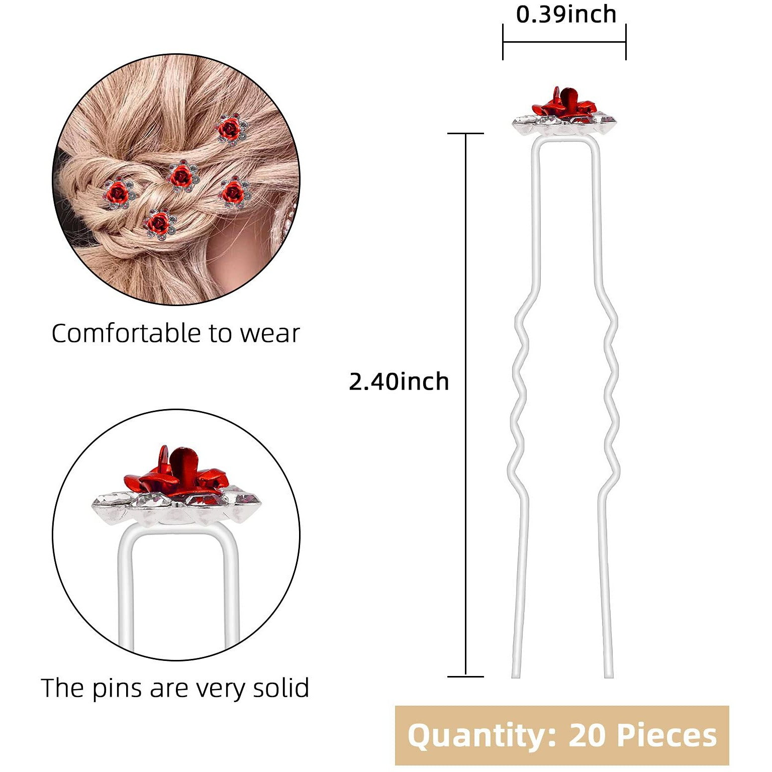 Qiutimiy 20 Pack (Red) Crystal Hair Pins Rose Flower Rhinestone Hair Clips For Bridal Wedding Women Hair Jewelry Accessories  With Clear Container