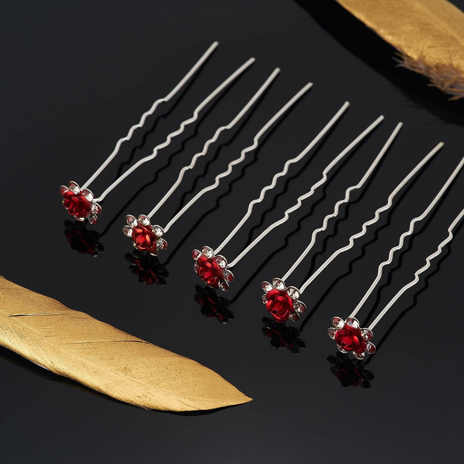 Qiutimiy 20 Pack (Red) Crystal Hair Pins Rose Flower Rhinestone Hair Clips For Bridal Wedding Women Hair Jewelry Accessories  With Clear Container