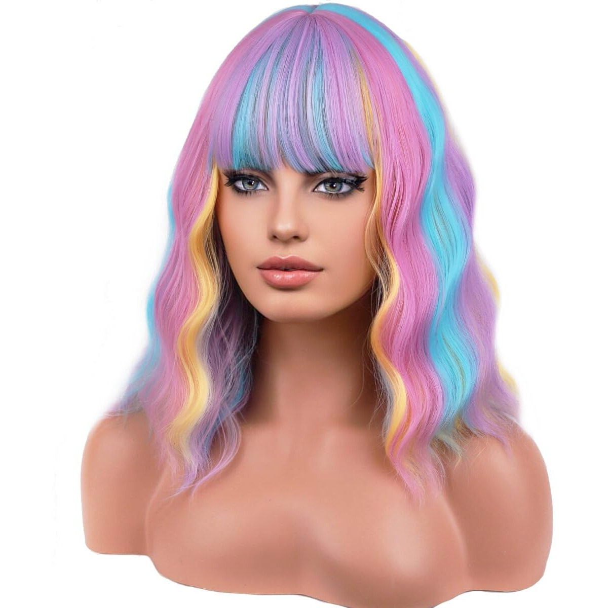 Pattnium 14 Inches Rainbow Wig Short Wavy Wig Pastel Rainbow Wig With Bangs Multi Color Wig For Women Girls Heat Resistant Synthetic Cosplay Costume Wig (Rainbow)