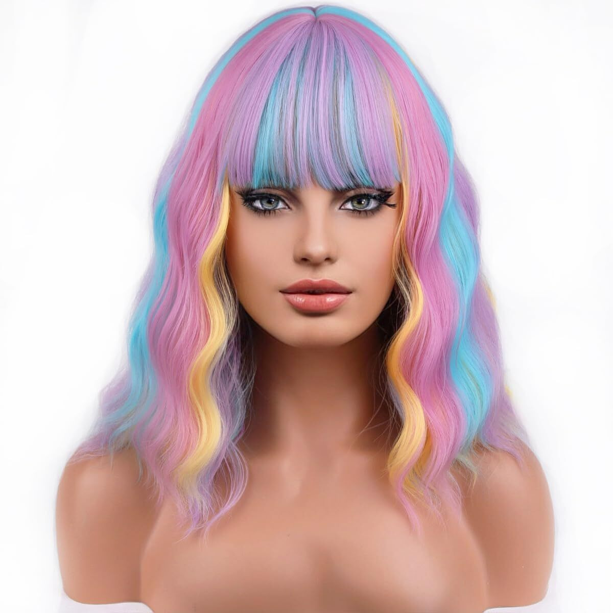 Pattnium 14 Inches Rainbow Wig Short Wavy Wig Pastel Rainbow Wig With Bangs Multi Color Wig For Women Girls Heat Resistant Synthetic Cosplay Costume Wig (Rainbow)