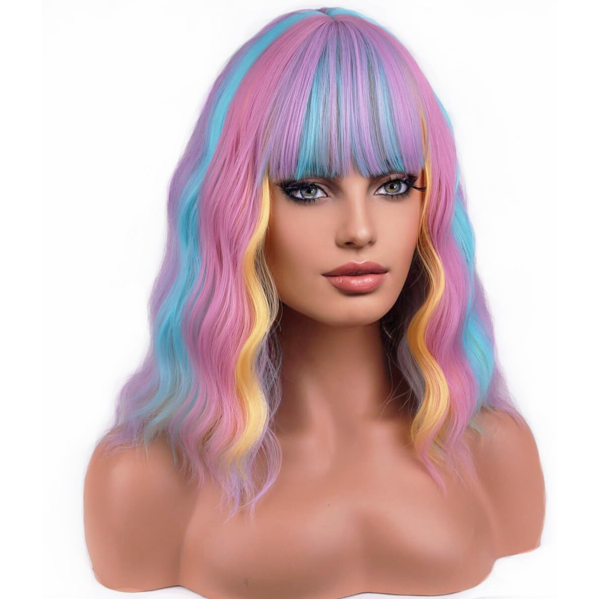 Pattnium 14 Inches Rainbow Wig Short Wavy Wig Pastel Rainbow Wig With Bangs Multi Color Wig For Women Girls Heat Resistant Synthetic Cosplay Costume Wig (Rainbow)