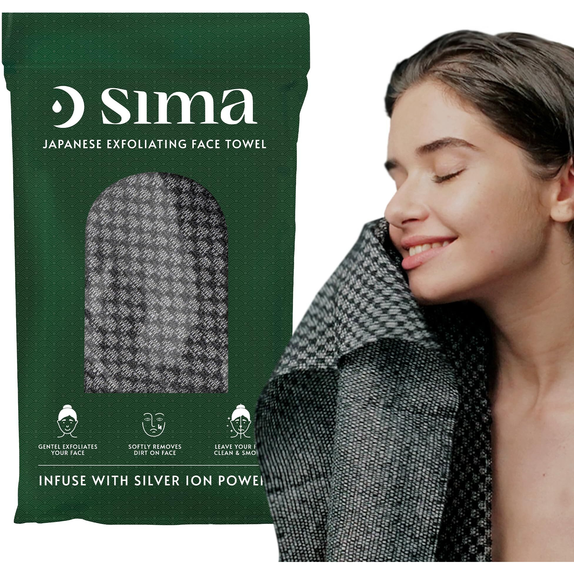 Sima Brand Exfoliating Washcloth Face & Body Scrub Towel - Japanese Exfoliating Towel With Hexagon Fibers  Exfoliating Body Scrubber With 2 Sides For Scrubbing & Washing (Face Towel - Black)