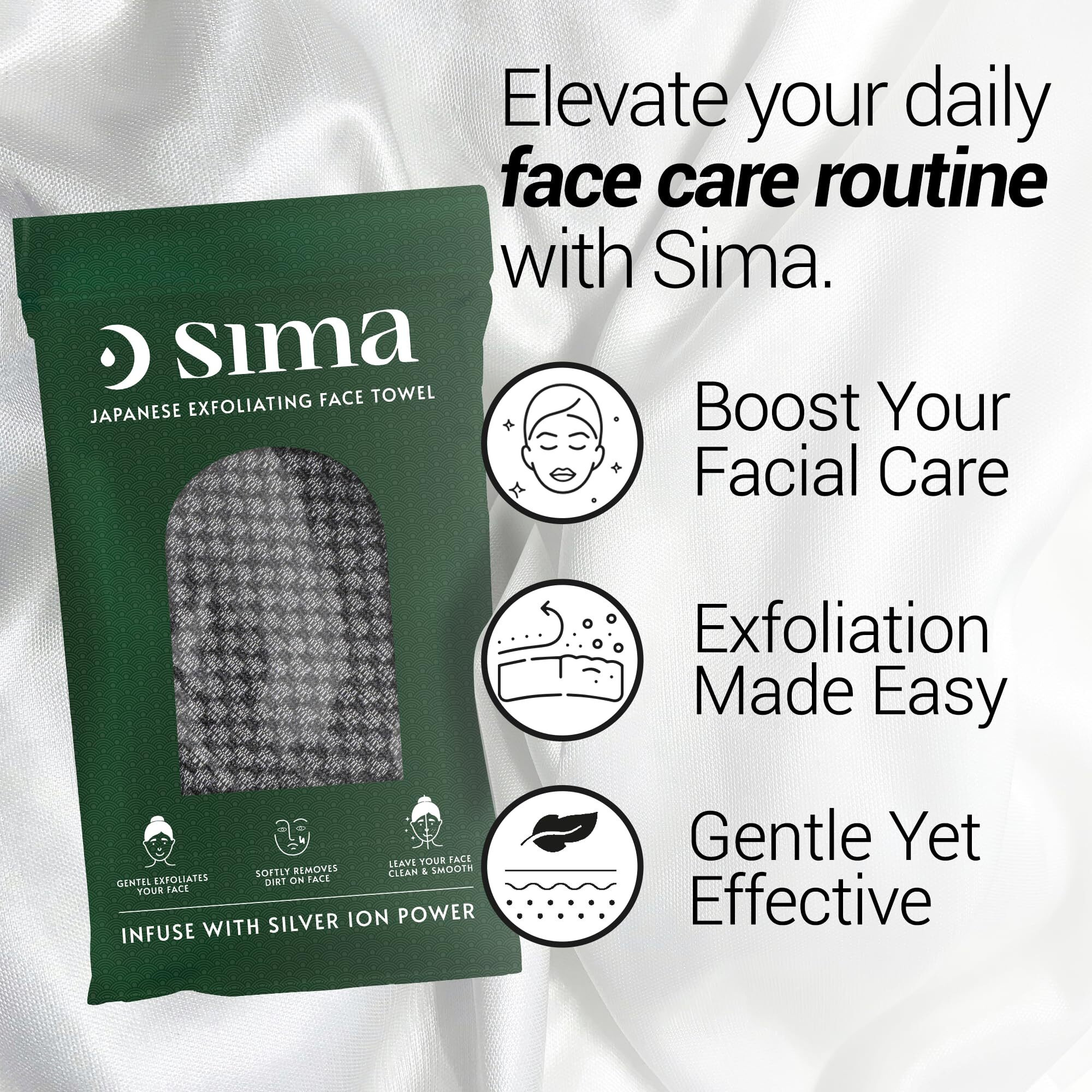 Sima Brand Exfoliating Washcloth Face & Body Scrub Towel - Japanese Exfoliating Towel With Hexagon Fibers  Exfoliating Body Scrubber With 2 Sides For Scrubbing & Washing (Face Towel - Black)