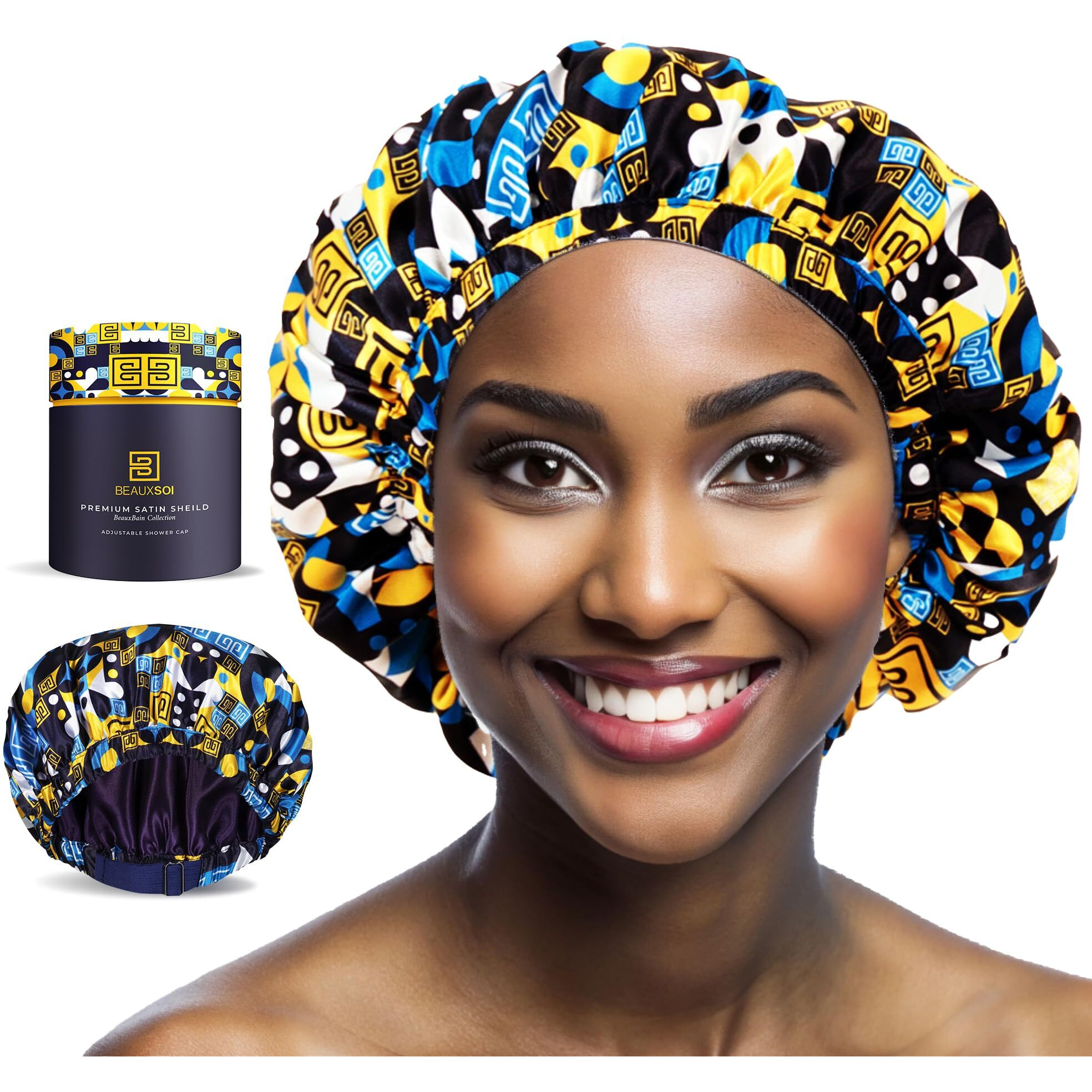 Luxury Shower Caps For Women Reusable Waterproof - Satin Lined Shower Cap Adjustable Shower Cap Luxury Shower Cap For Women As Gift Keep Hair Dry  Durable Hair Bonnet By Beauxsoi (African Majesty)