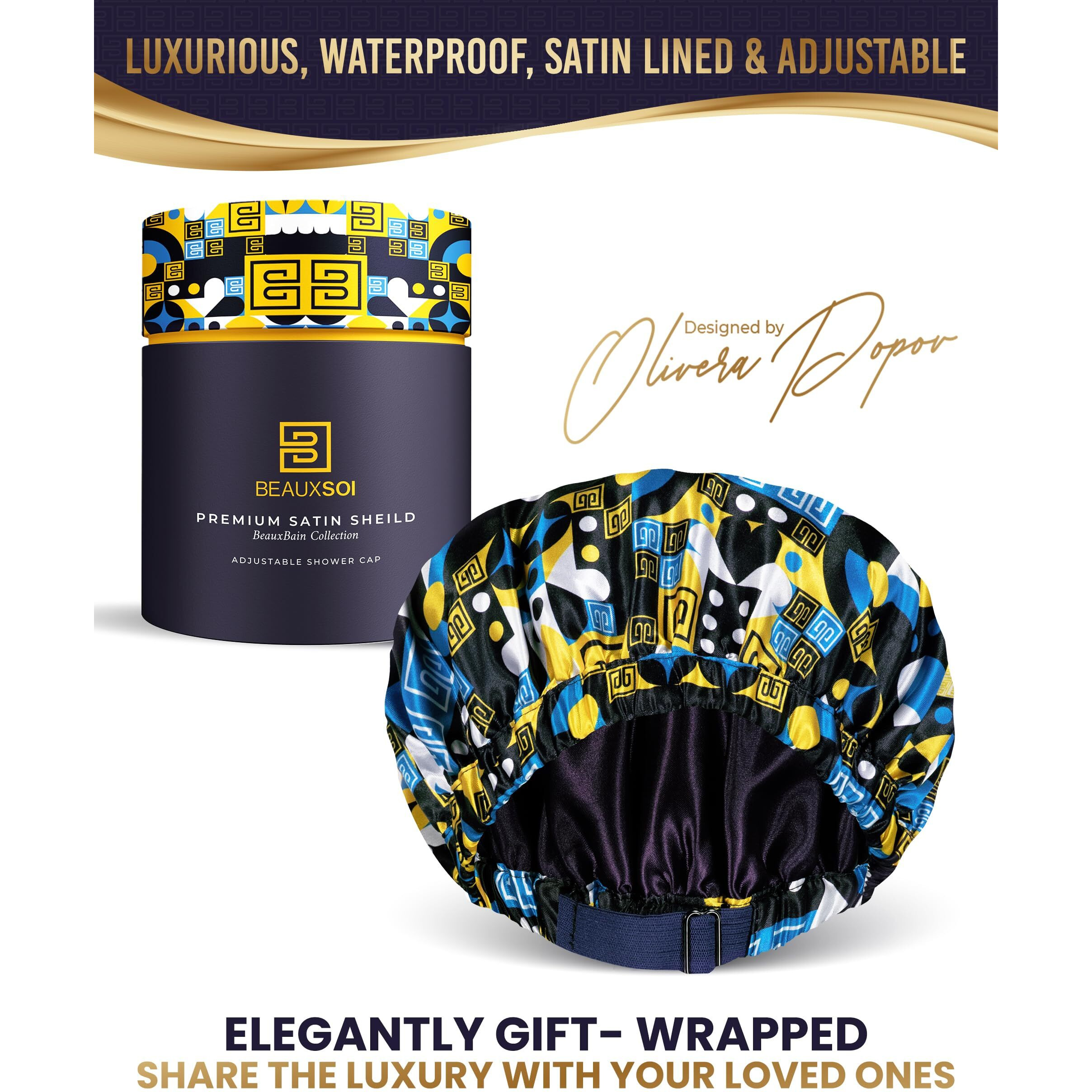 Luxury Shower Caps For Women Reusable Waterproof - Satin Lined Shower Cap Adjustable Shower Cap Luxury Shower Cap For Women As Gift Keep Hair Dry  Durable Hair Bonnet By Beauxsoi (African Majesty)