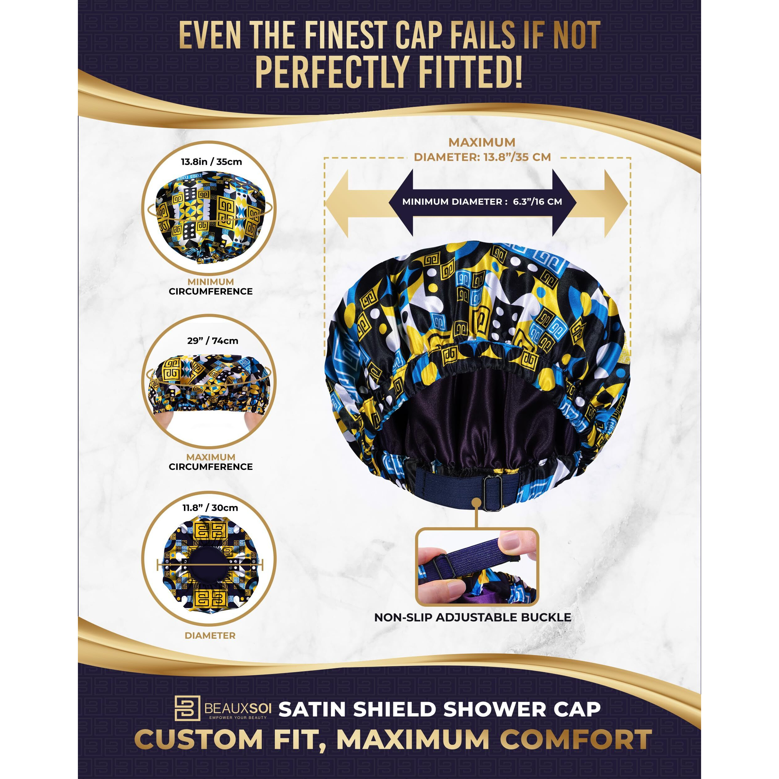 Luxury Shower Caps For Women Reusable Waterproof - Satin Lined Shower Cap Adjustable Shower Cap Luxury Shower Cap For Women As Gift Keep Hair Dry  Durable Hair Bonnet By Beauxsoi (African Majesty)