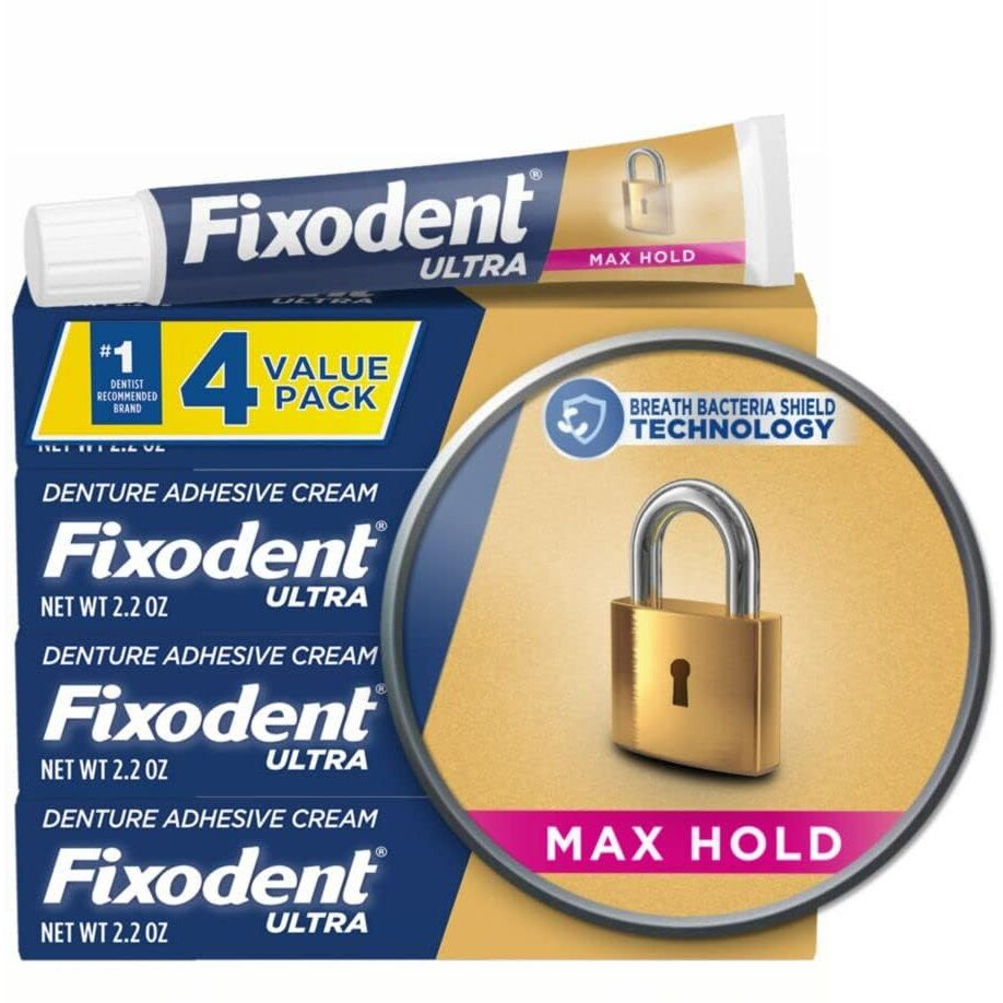 Fixodent Ultra Max Hold Secure Denture Adhesive Cream For Full And Partial Denture Wearers  2.2Oz (Pack Of 4)