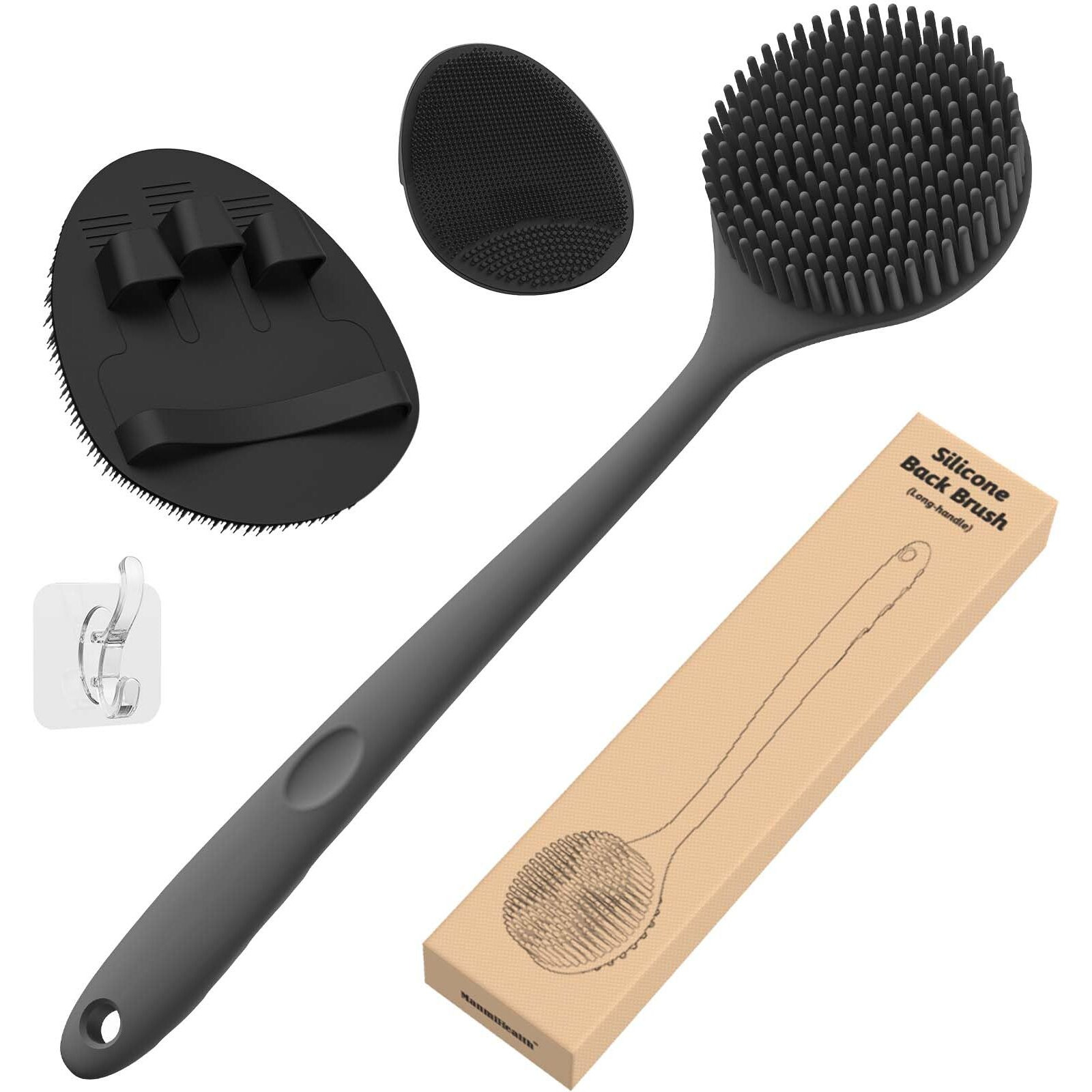 Manmihealth Silicone Back Scrubber (Thick Bristles) & Bath Glove & Face Brush Set(3Pcs)  Super-Exfoliating & Lathering Body Scrubber  Shower Brush  Face Scrubber Combination  With A Free Hook.(Black)