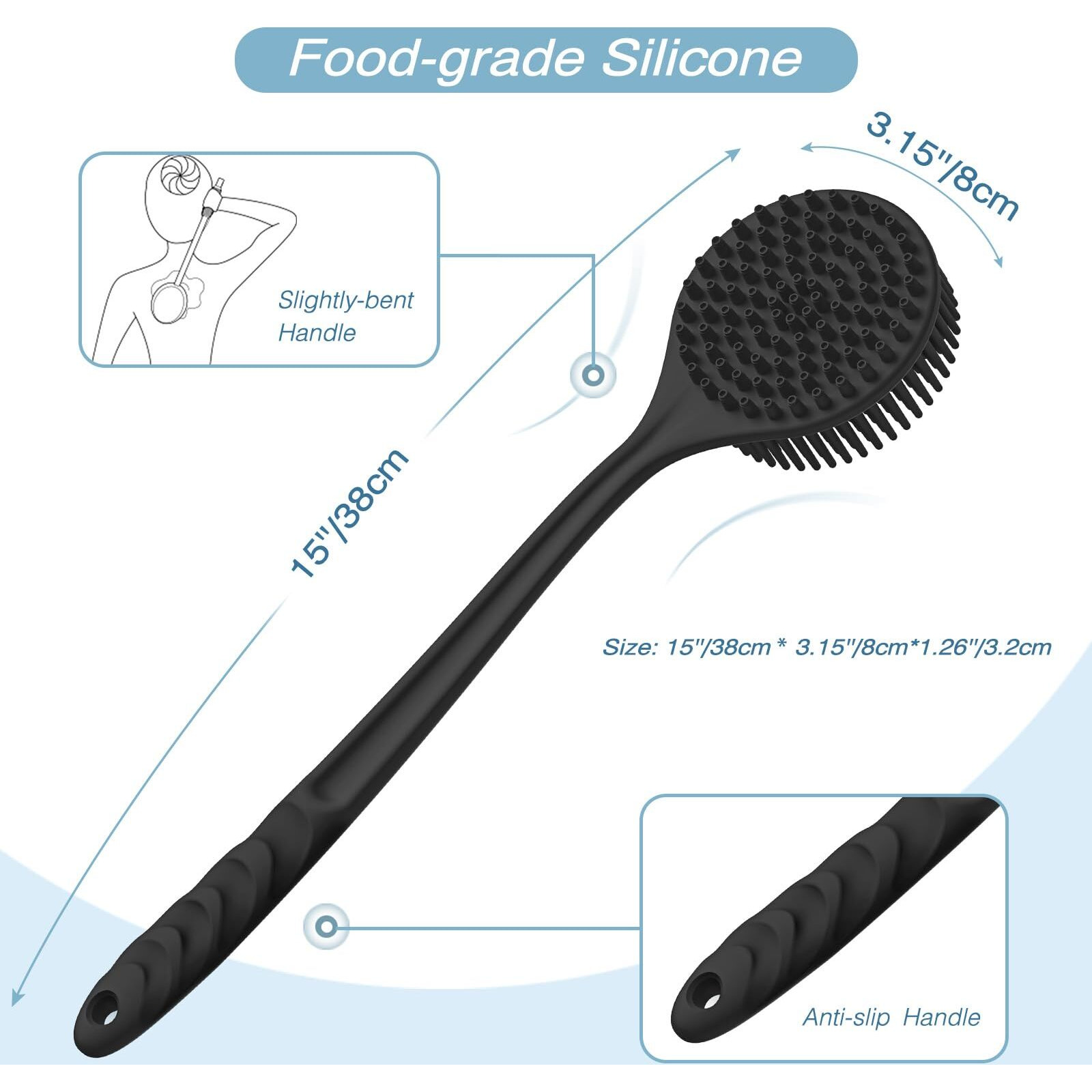 Manmihealth Silicone Back Scrubber (Thick Bristles) & Bath Glove & Face Brush Set(3Pcs)  Super-Exfoliating & Lathering Body Scrubber  Shower Brush  Face Scrubber Combination  With A Free Hook.(Black)
