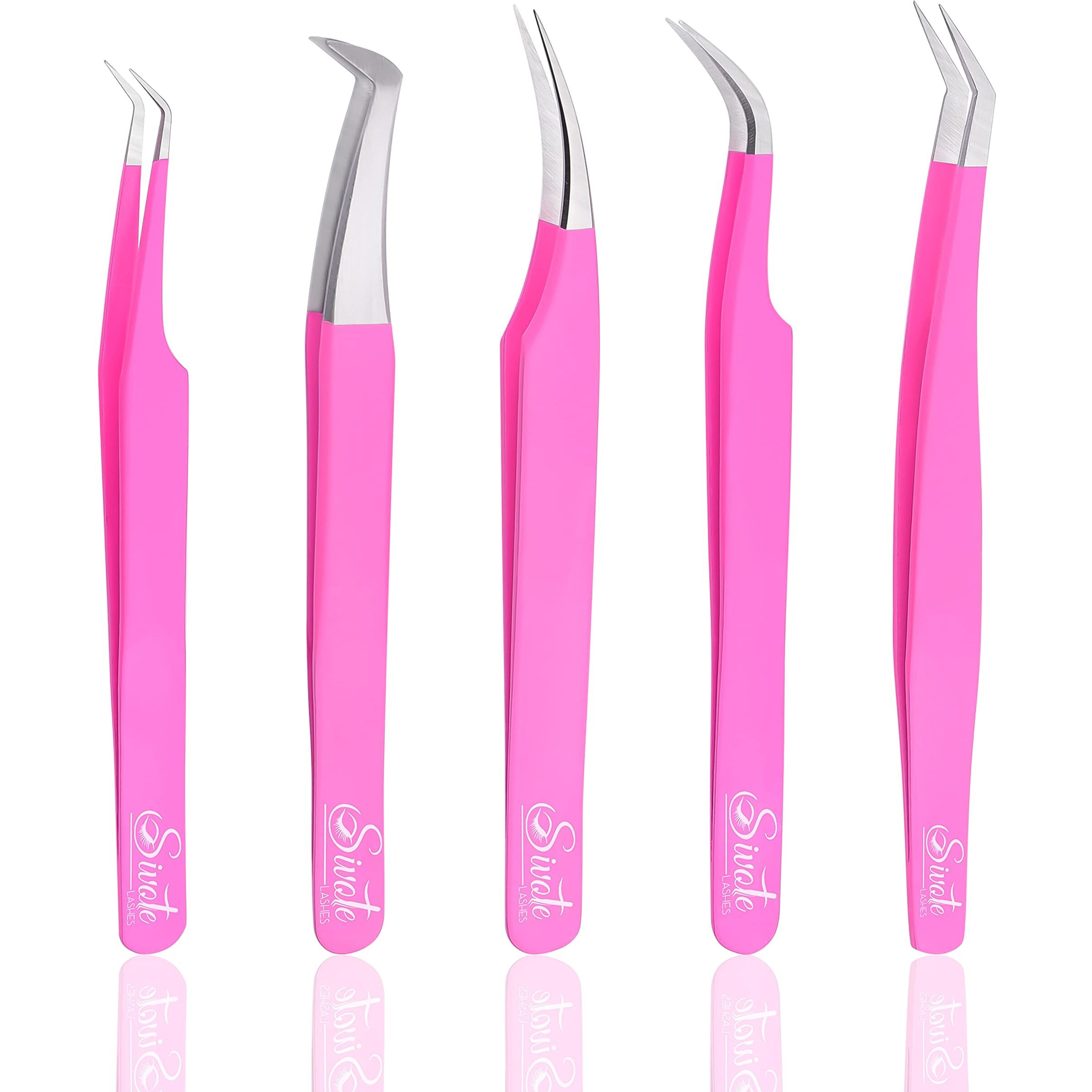 Sivote Eyelash Extension Tweezers For Classic & Volume Lashes  5-Pack  Pink