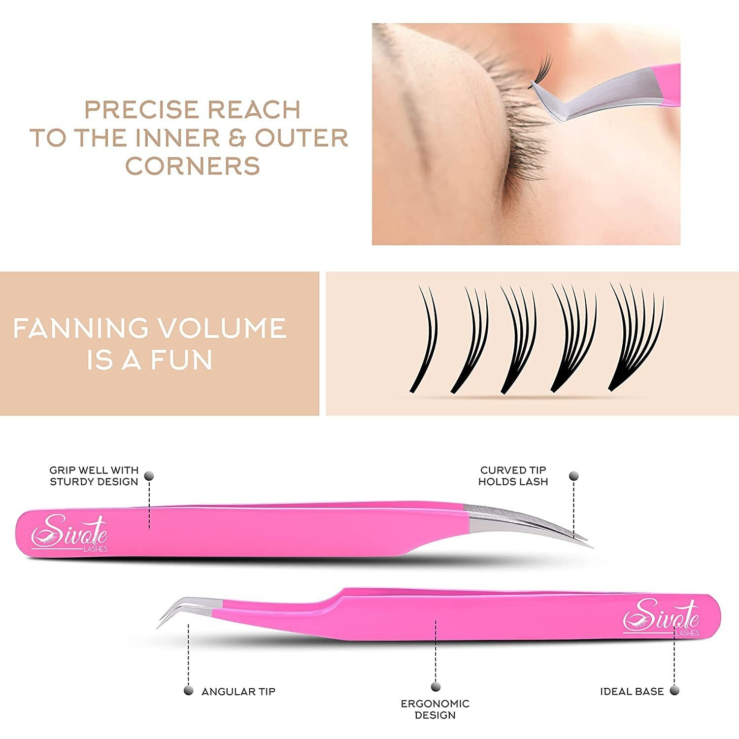 Sivote Eyelash Extension Tweezers For Classic & Volume Lashes  5-Pack  Pink