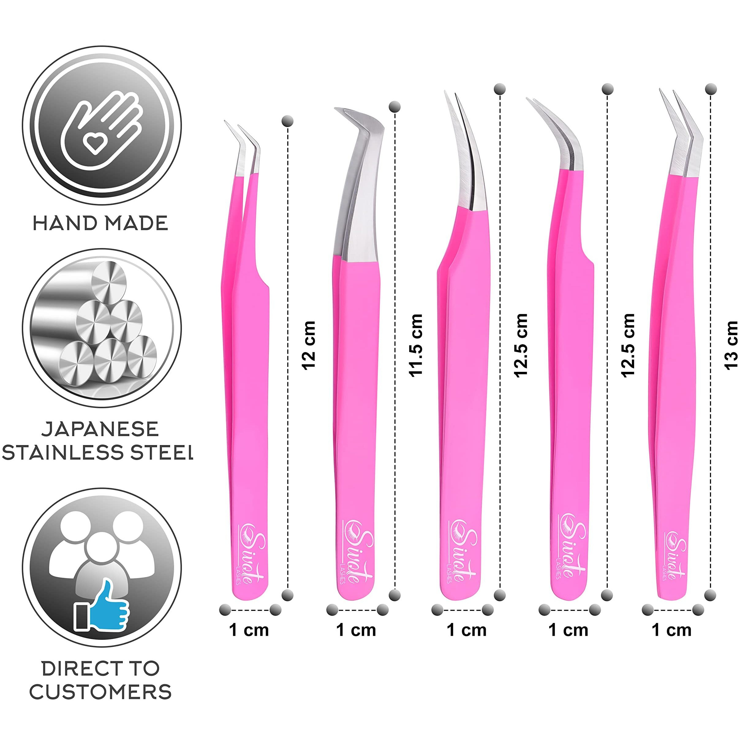 Sivote Eyelash Extension Tweezers For Classic & Volume Lashes  5-Pack  Pink