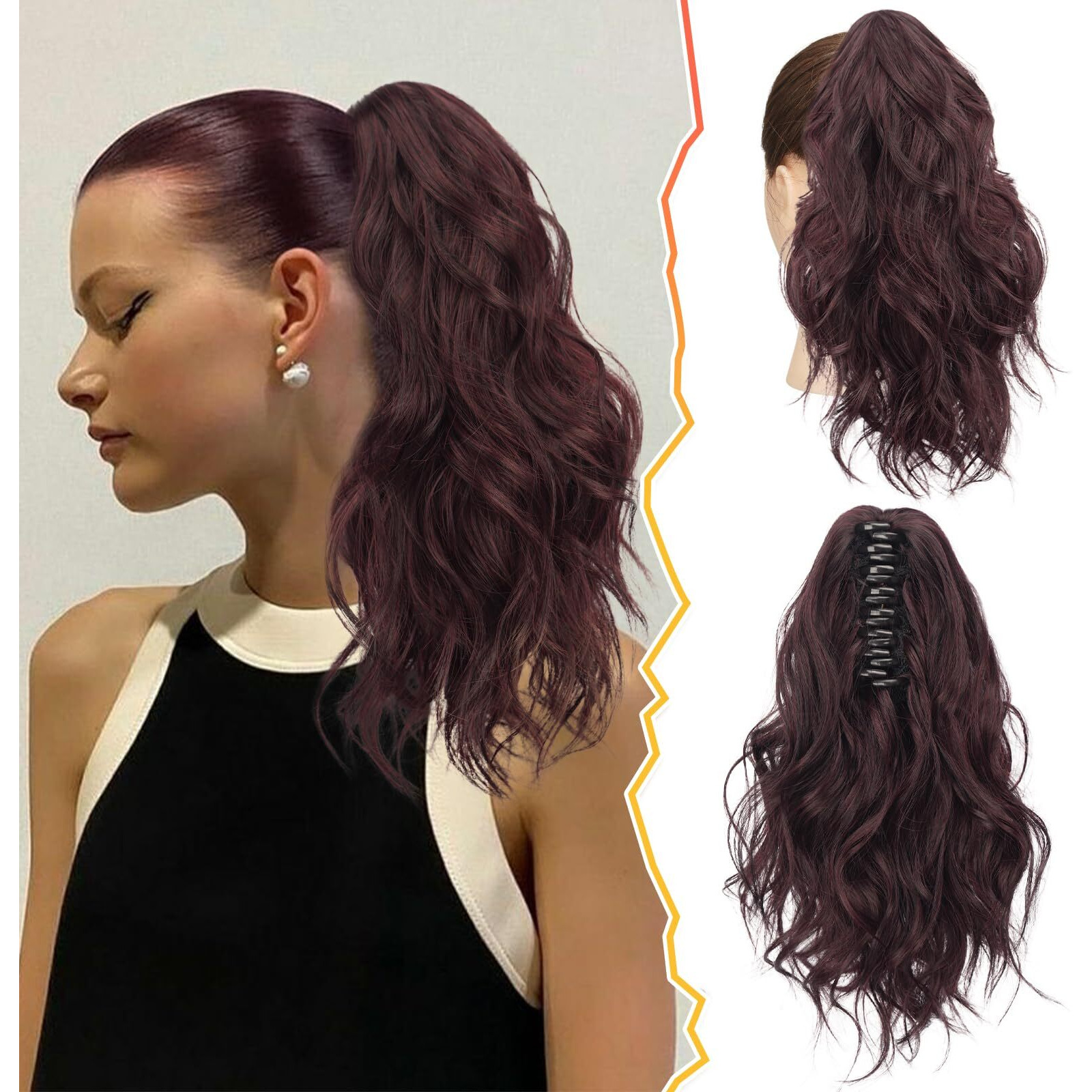 Barsdar Red Ponytail Extension - Short Wavy Claw Clip Ponytail Hair Extensions For Women - 14 In Soft Synthetic Clip In Pony Tails Hairpieces Girls Daily Party Halloween - Dark Burgundy