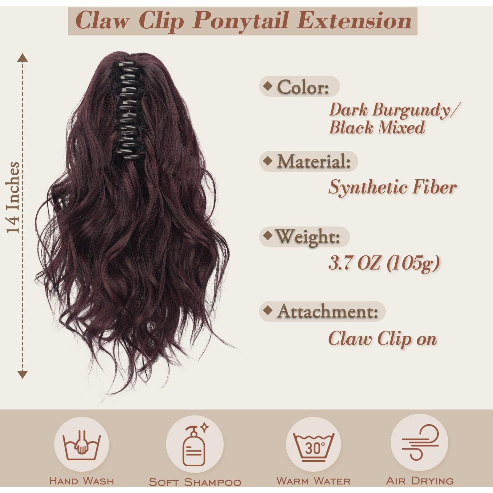 Barsdar Red Ponytail Extension - Short Wavy Claw Clip Ponytail Hair Extensions For Women - 14 In Soft Synthetic Clip In Pony Tails Hairpieces Girls Daily Party Halloween - Dark Burgundy