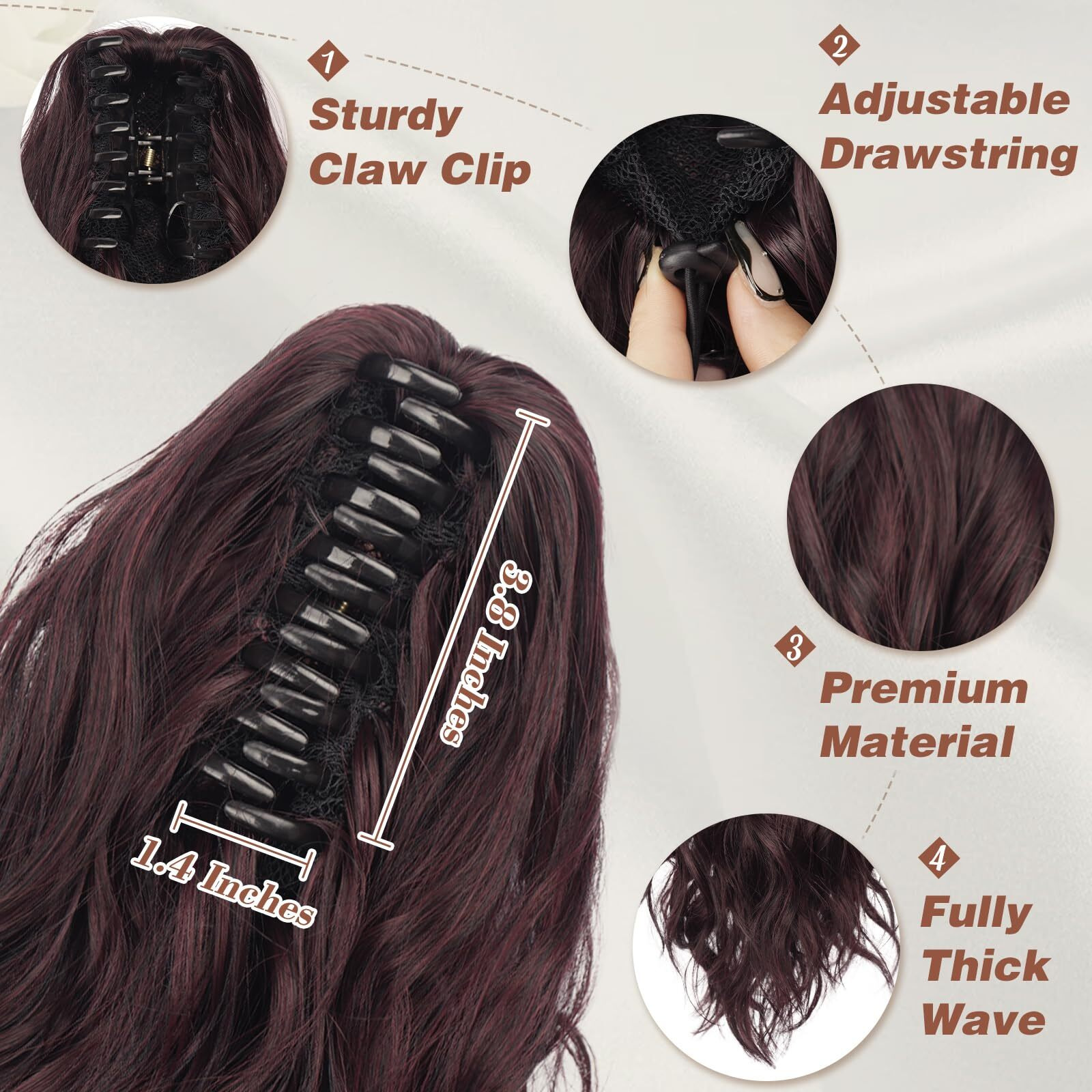 Barsdar Red Ponytail Extension - Short Wavy Claw Clip Ponytail Hair Extensions For Women - 14 In Soft Synthetic Clip In Pony Tails Hairpieces Girls Daily Party Halloween - Dark Burgundy