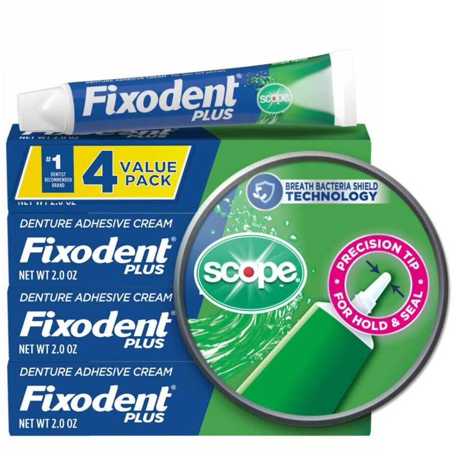 Fixodent Plus Scope Secure Denture Adhesive 2.0Oz (Pack Of 4)