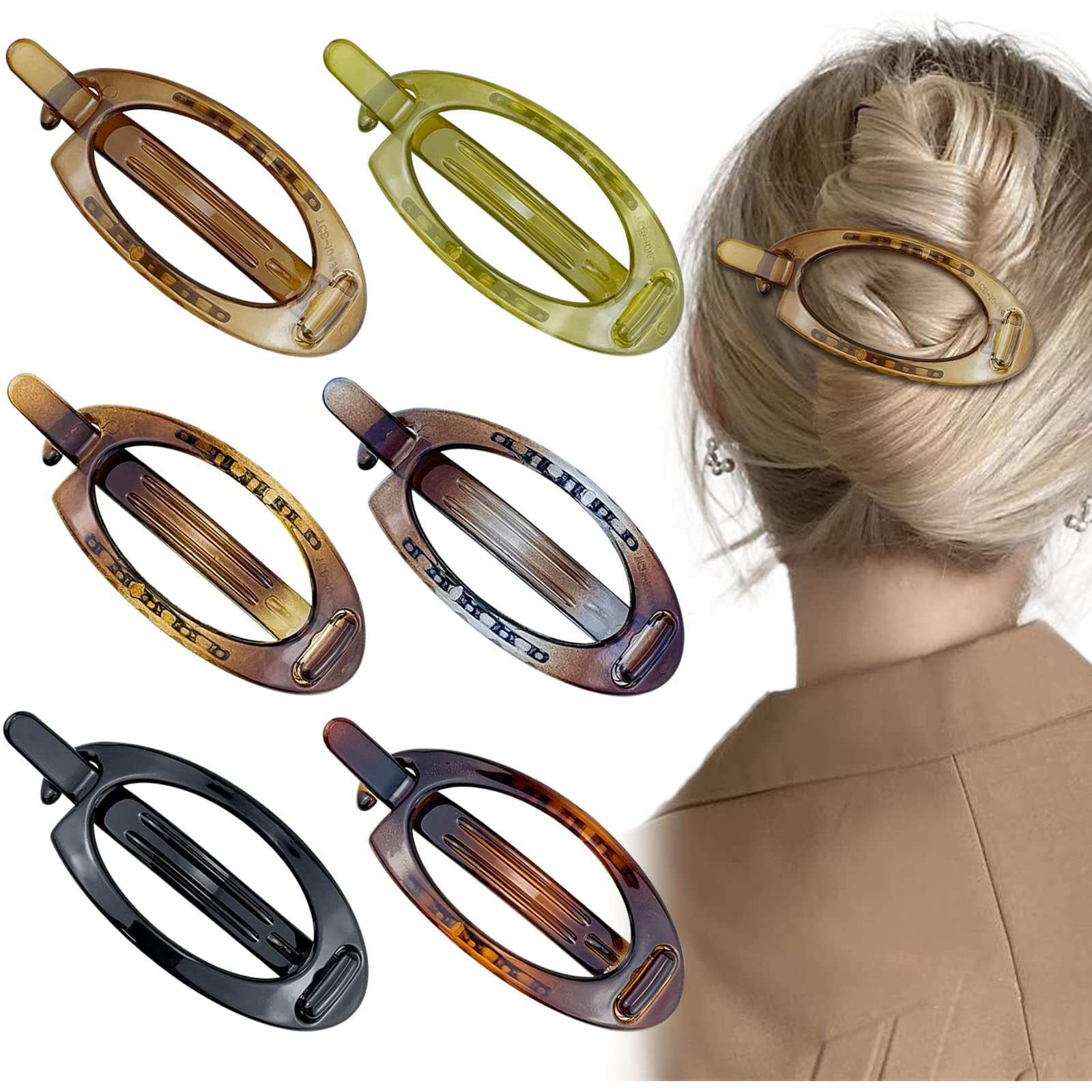 6 Pcs French Oval Hair Barrette Clip Plastic Bun Ponytail Holder Strong Hold Grip Hair Clips Closure Hairpin No Metal Hair Accessories For Women Girls