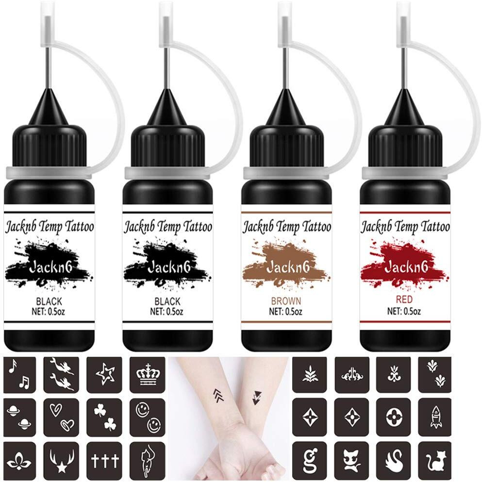 Jacknb Temporary Tattoo Kit Freehand Ink Semi Permanent Tattoo Jagua Gel 40 Pcs Free Stencils Diy Fake Freckles Temp Tattoos For Women Kids Men - Full Kit 4 Bottles