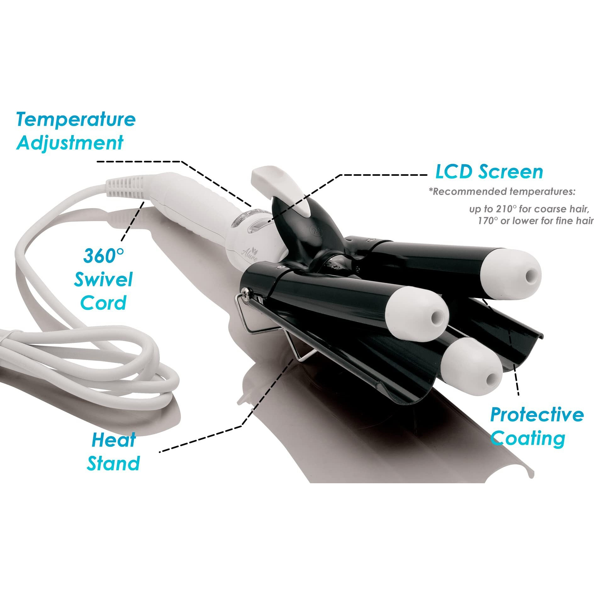 Alure Three Barrel Curling Iron Wand With Lcd Temperature Display - 1 Inch Ceramic Tourmaline Triple Barrels  Dual Voltage Crimping Tool  Best Hair Waver For Beachy/Frizz Free Waves (Black/White)