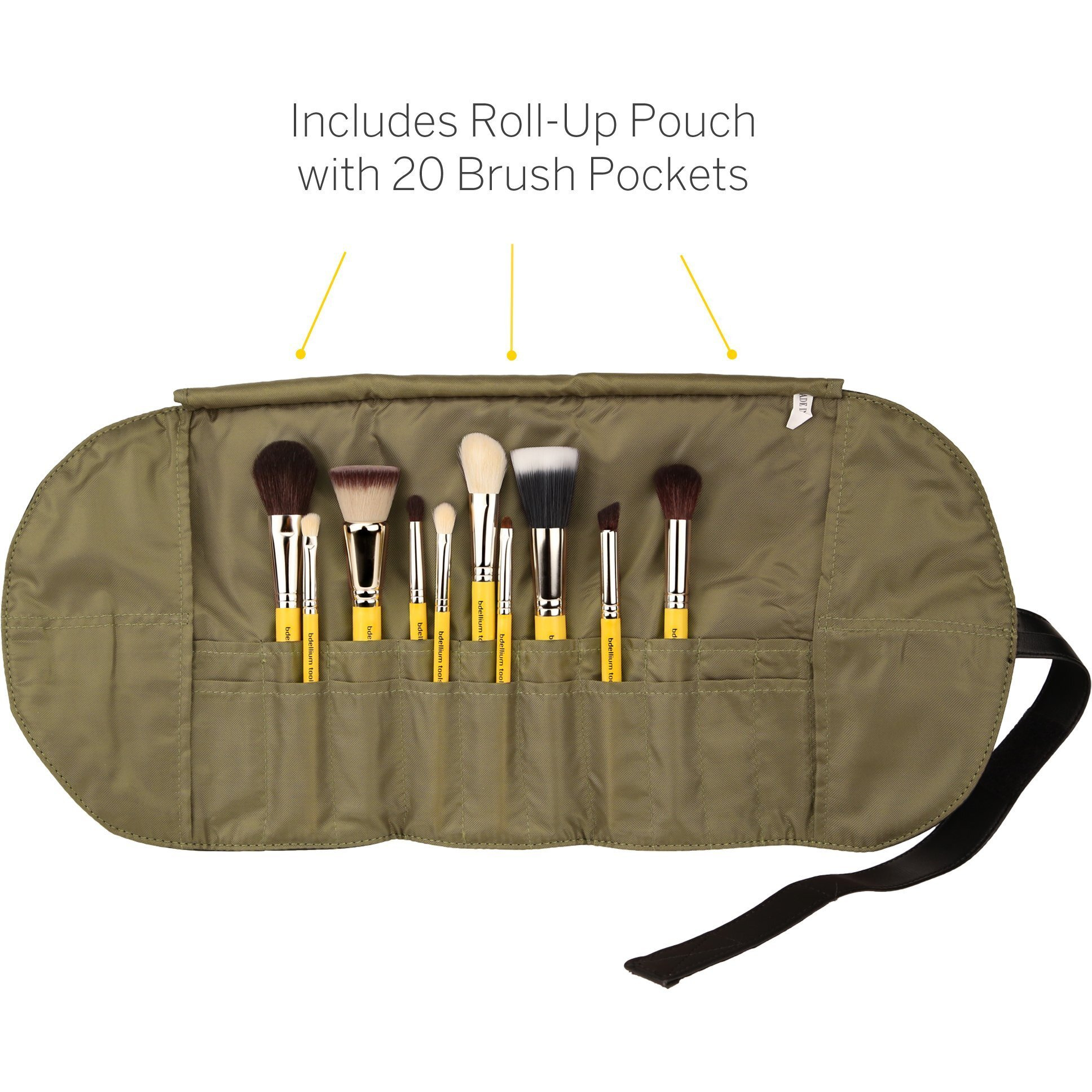 Bdellium Tools Studio Mineral 10Pc. Brush Set With Roll-Up Pouch - Designed For Use With Mineral Makeup (Yellow  1Pc)