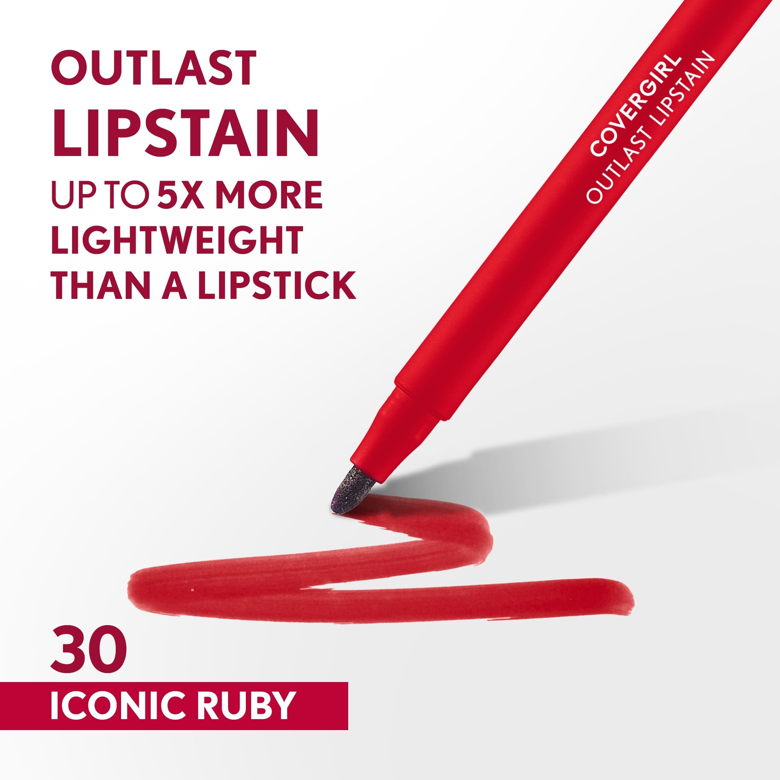 Covergirl Outlast  30 Iconic Ruby  Lipstain  Smooth Application  Precise Pen-Like Tip  Transfer-Proof  Satin Stained Finish  Vegan Formula  0.06Oz